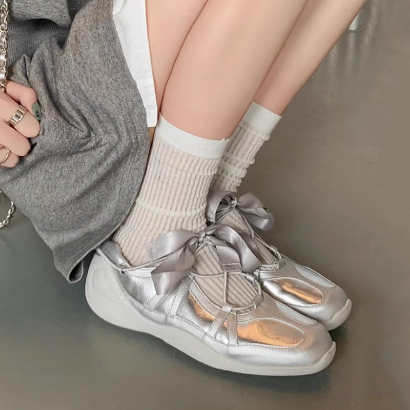Ballet-style Soft Square-toe Mary Jane Shoes for Women, with Built-in Height Increase, Sweet Bow Ribbon, Casual Functional German Training Shoes, Women Shoes, Sneakers