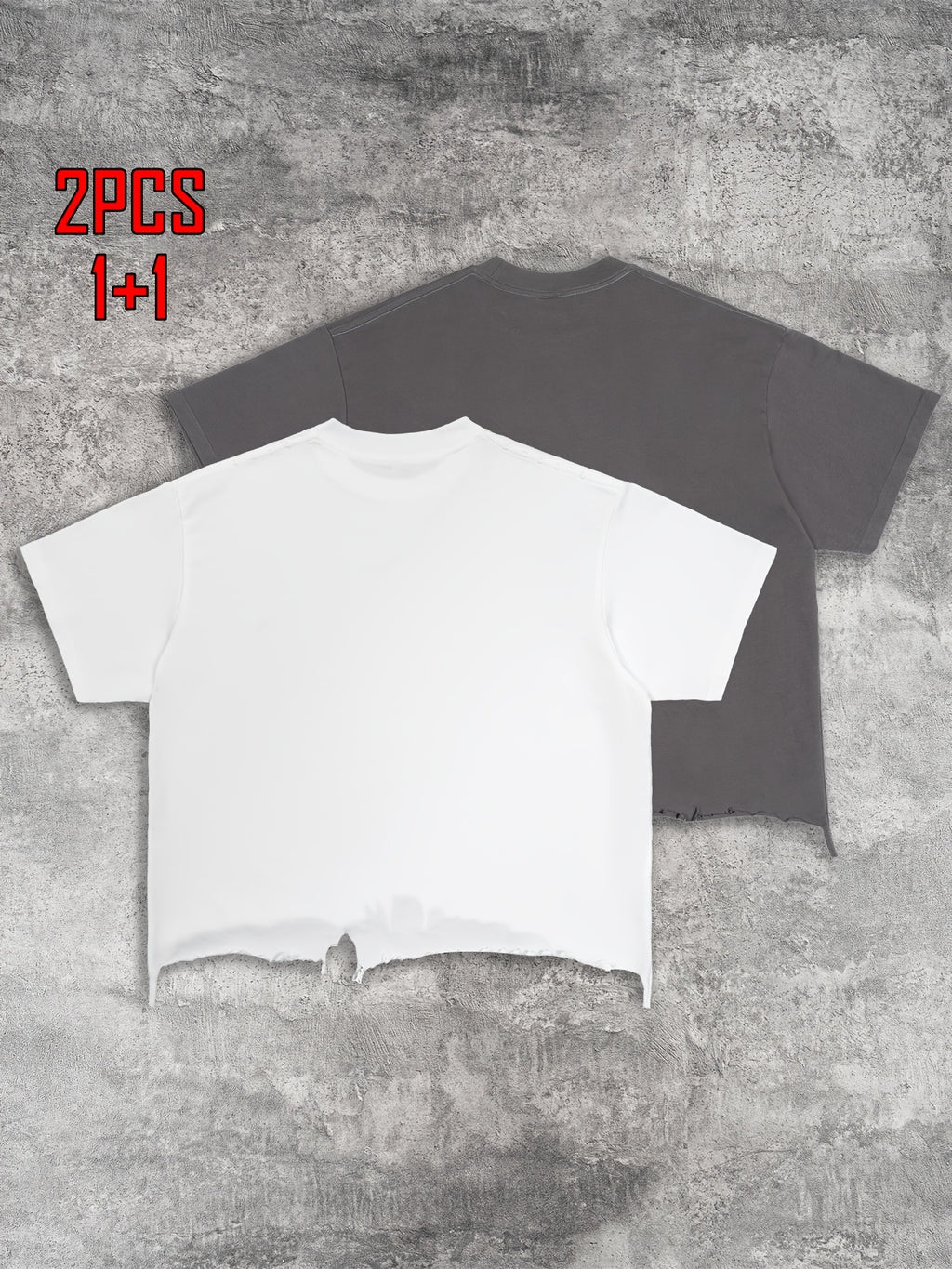 2pcs Men's T-shirt Hand-made Distressed Style 240G Heavyweight 100% Cotton Cropped Boxy Fit Tshirt Vintage Washed Hip-hop Streetwear with Irregular Hem Design Casual Loose Comfortable Short-sleeved Top for Men