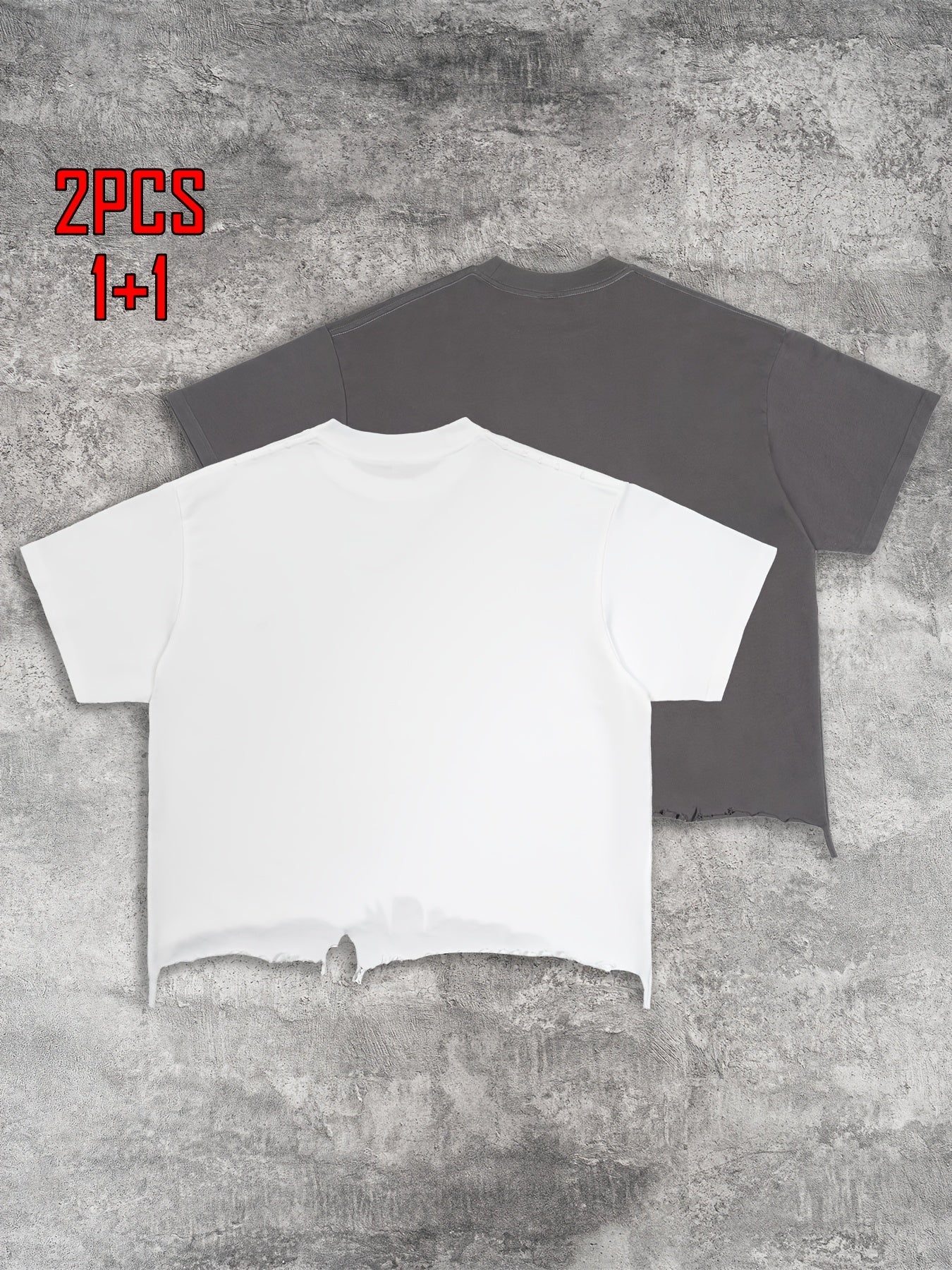 2pcs Men's T-shirt Hand-made Distressed Style 240G Heavyweight 100% Cotton Cropped Boxy Fit Tshirt Vintage Washed Hip-hop Streetwear with Irregular Hem Design Casual Loose Comfortable Short-sleeved Top for Men