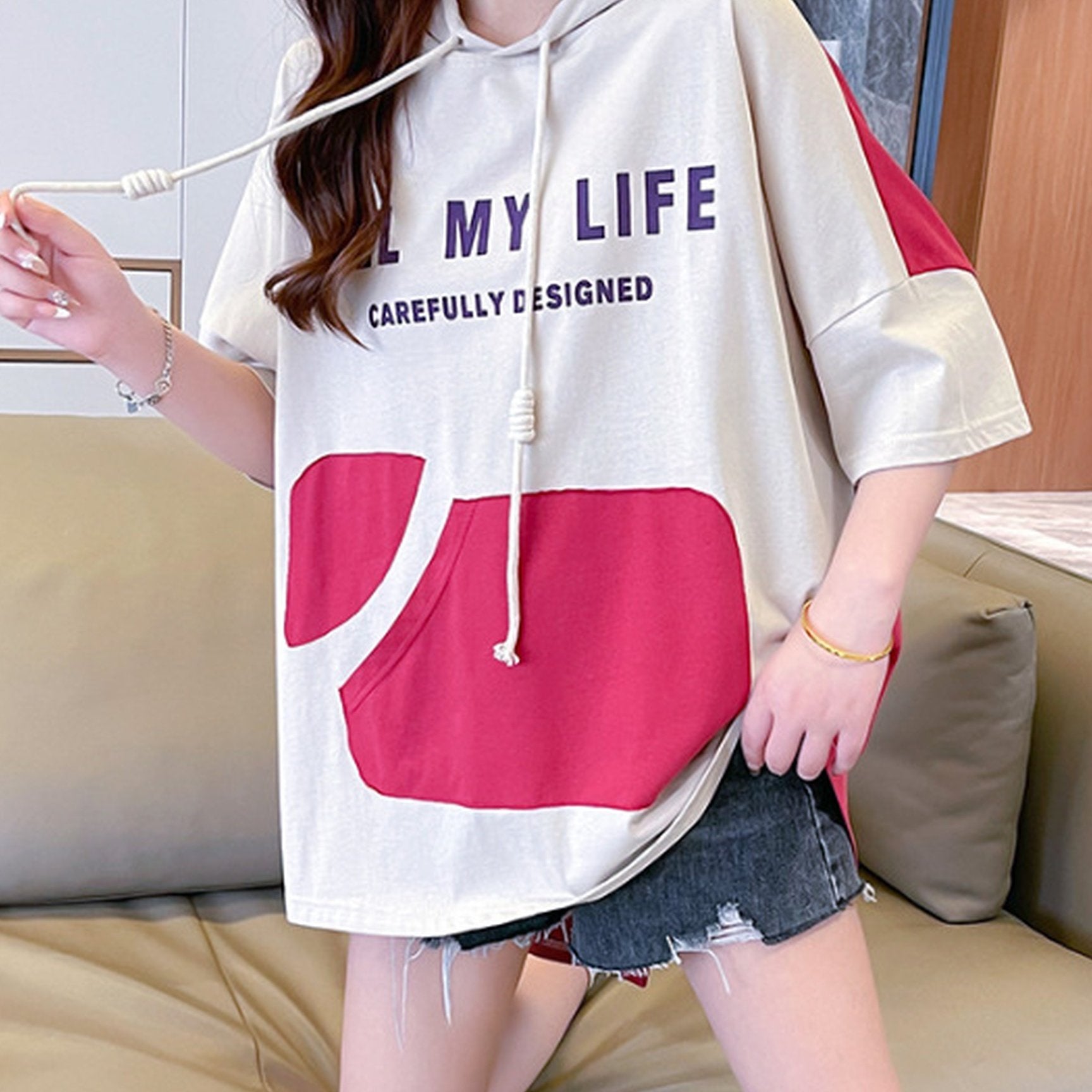 2026 Summer Womens Hooded Short Sleeve T-Shirt - Fabric - Colorblo Design - Printed Poet - Casual Street Style - Breathable and Comfortable - Trendy Oversized Fit - Minimalist Korean Aesthetic - Perfect for Daily Wear, Travel, and Relaxed