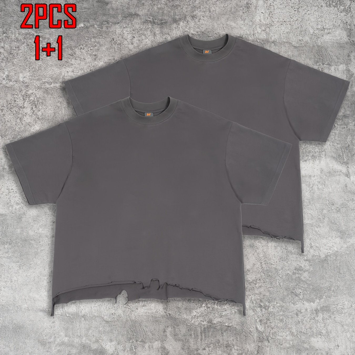 2pcs Men's T-shirt Hand-made Distressed Style 240G Heavyweight 100% Cotton Cropped Boxy Fit Tshirt Vintage Washed Hip-hop Streetwear with Irregular Hem Design Casual Loose Comfortable Short-sleeved Top for Men