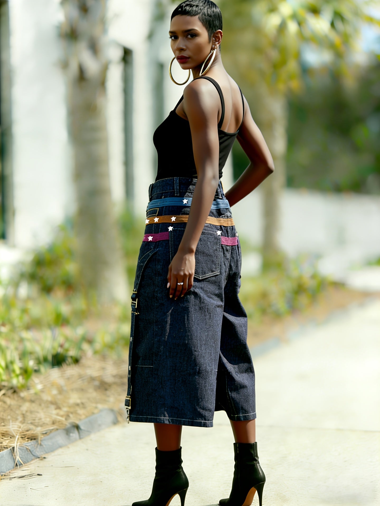 Women's New Waist Top Star Studded Jeans with Wide Legs And Loose Cropped Pants, Designed with A Sense Of Stars And Spicy Patchwork, Wide Leg Mid Length Pants