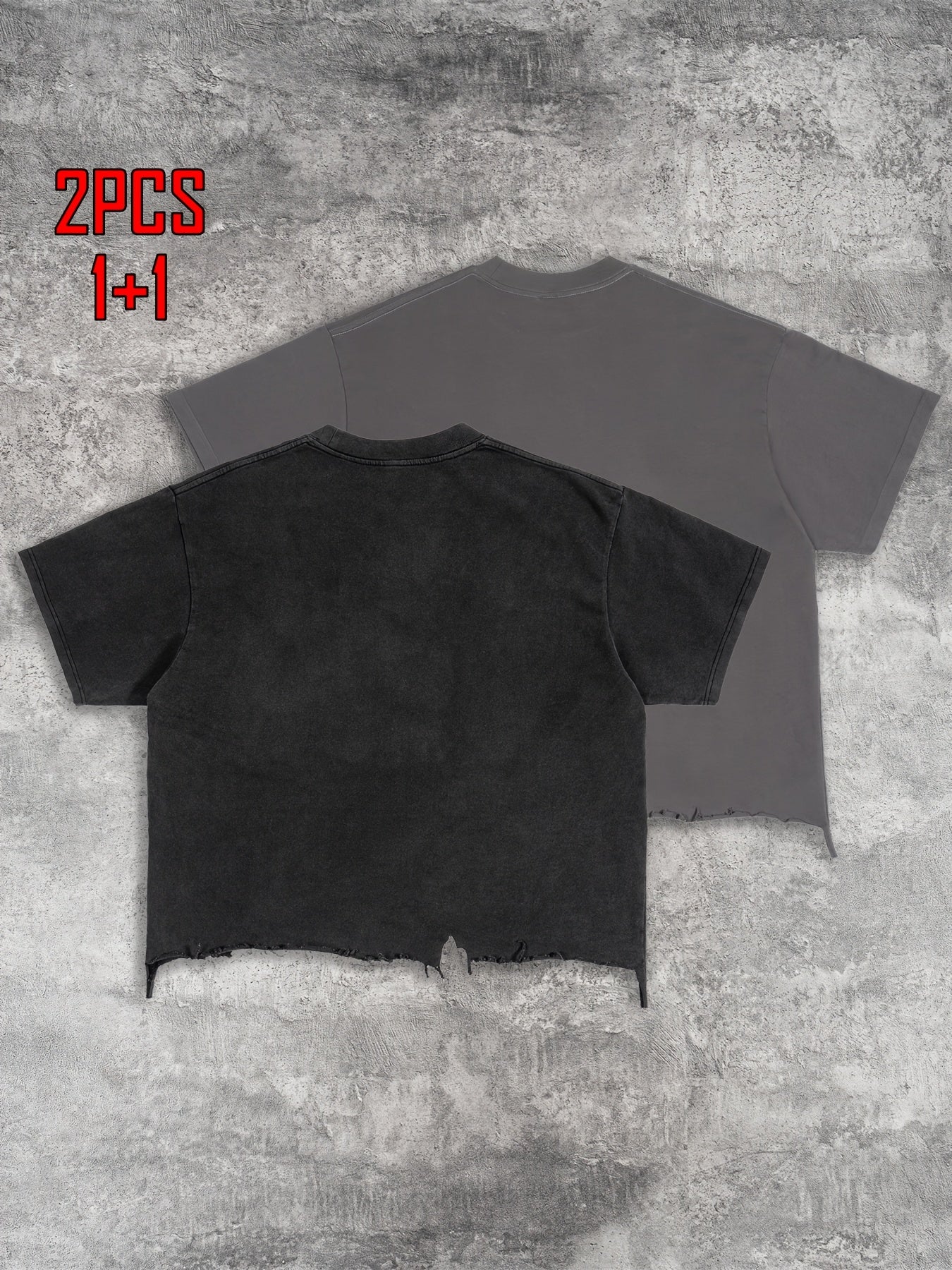 2pcs Men's T-shirt Hand-made Distressed Style 240G Heavyweight 100% Cotton Cropped Boxy Fit Tshirt Vintage Washed Hip-hop Streetwear with Irregular Hem Design Casual Loose Comfortable Short-sleeved Top for Men