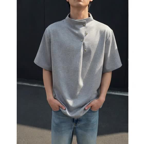 Summer New Men'S Shoulder Padded Short Sleeve Irregular Button Design American Trendy Ruffian Loose Stand Collar Short Sleeve T-Shirt Casual Trendy Retro Wear M-XXL