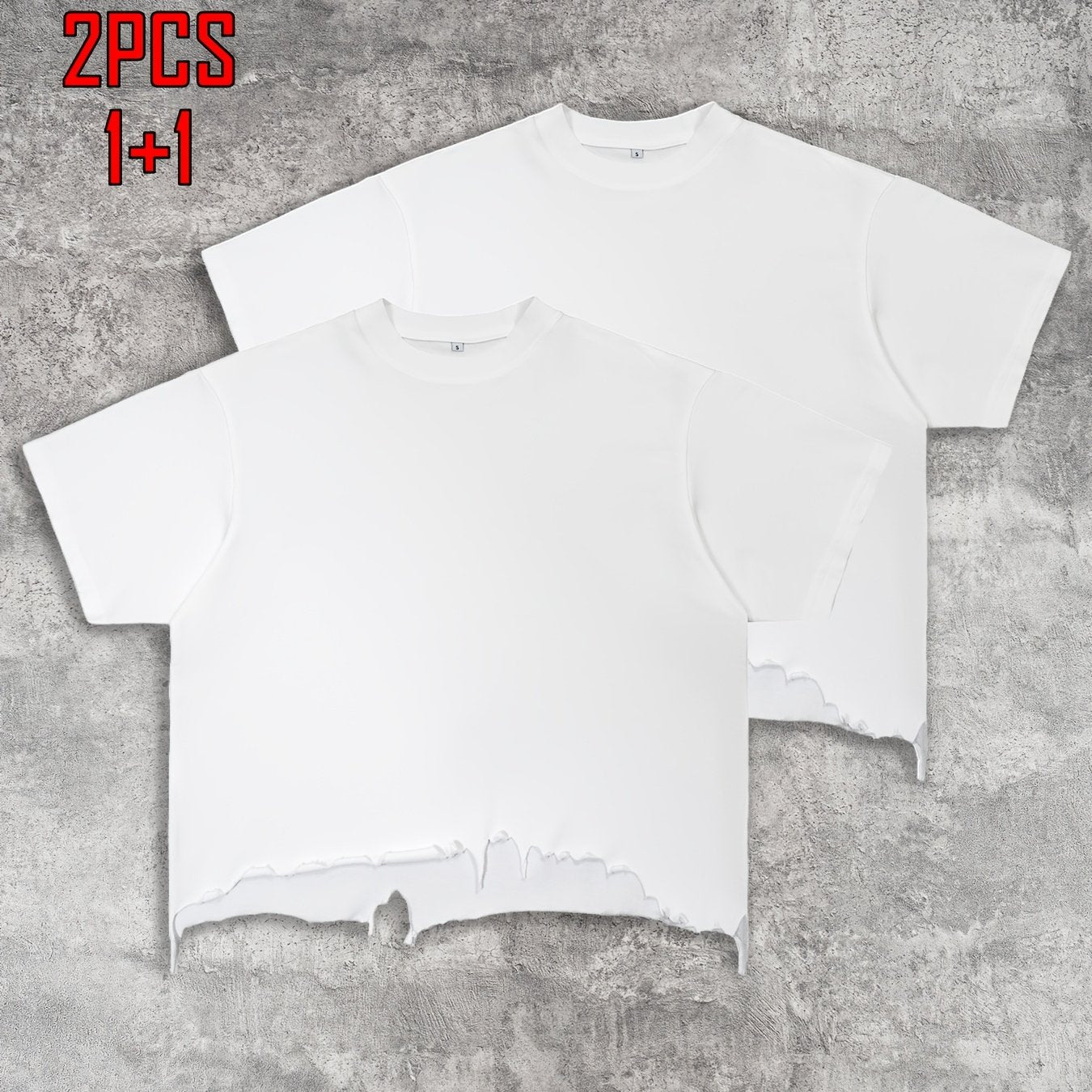 2pcs Men's T-shirt Hand-made Distressed Style 240G Heavyweight 100% Cotton Cropped Boxy Fit Tshirt Vintage Washed Hip-hop Streetwear with Irregular Hem Design Casual Loose Comfortable Short-sleeved Top for Men