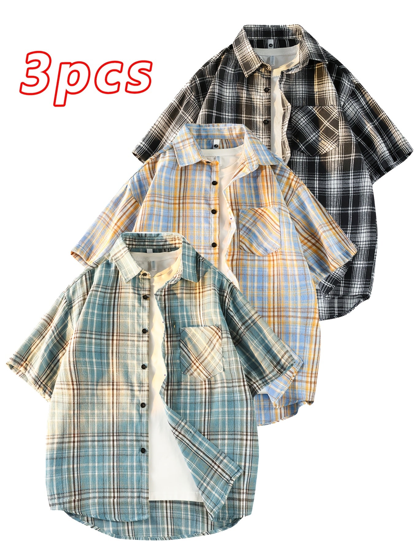 This Unisex Retro Casual Short-Sleeve Shirt Comes in a 3pcs Set And Is Perfect for Both Men And Women. It Showcases a Chic And Straightforward Checkered Design Suitable for Any Season. The Loose And Comfy Fit Caters to Diverse Preferences