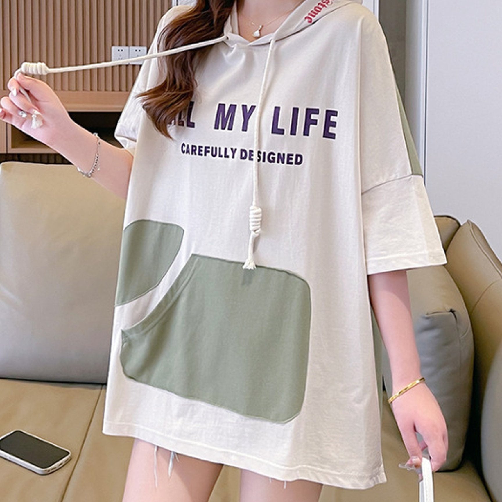 2026 Summer Womens Hooded Short Sleeve T-Shirt - Fabric - Colorblo Design - Printed Poet - Casual Street Style - Breathable and Comfortable - Trendy Oversized Fit - Minimalist Korean Aesthetic - Perfect for Daily Wear, Travel, and Relaxed
