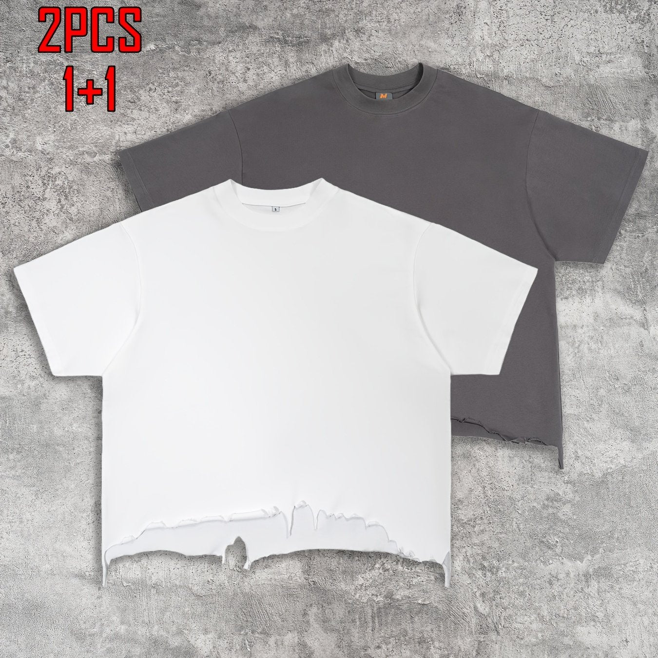 2pcs Men's T-shirt Hand-made Distressed Style 240G Heavyweight 100% Cotton Cropped Boxy Fit Tshirt Vintage Washed Hip-hop Streetwear with Irregular Hem Design Casual Loose Comfortable Short-sleeved Top for Men