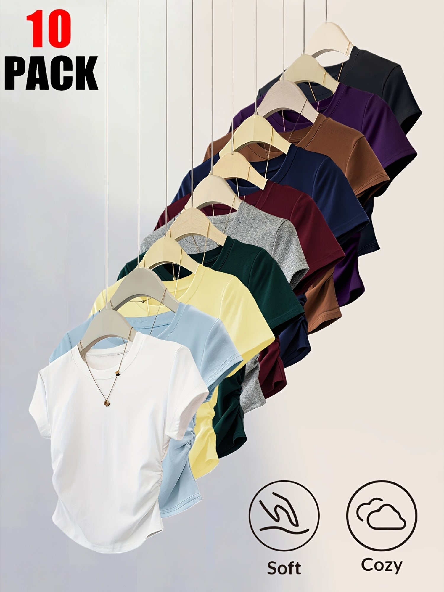 Assorted Solid Color Women'S T-Shirts 10-Pack - Skin-Friendly Soft Fabric & Slim Fit - Casual Short-Sleeve Basic Tees for Daily\u002FMatch Wear