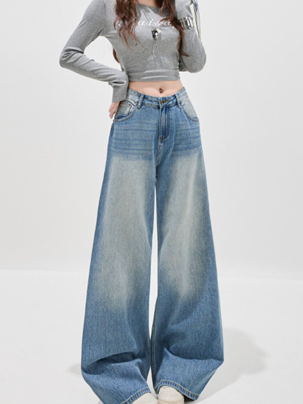American-Style Women's Wide-Leg Floor-Length Jeans - Slimming, Versatile, Light Blue, Casual, Plus Size (All-Season)