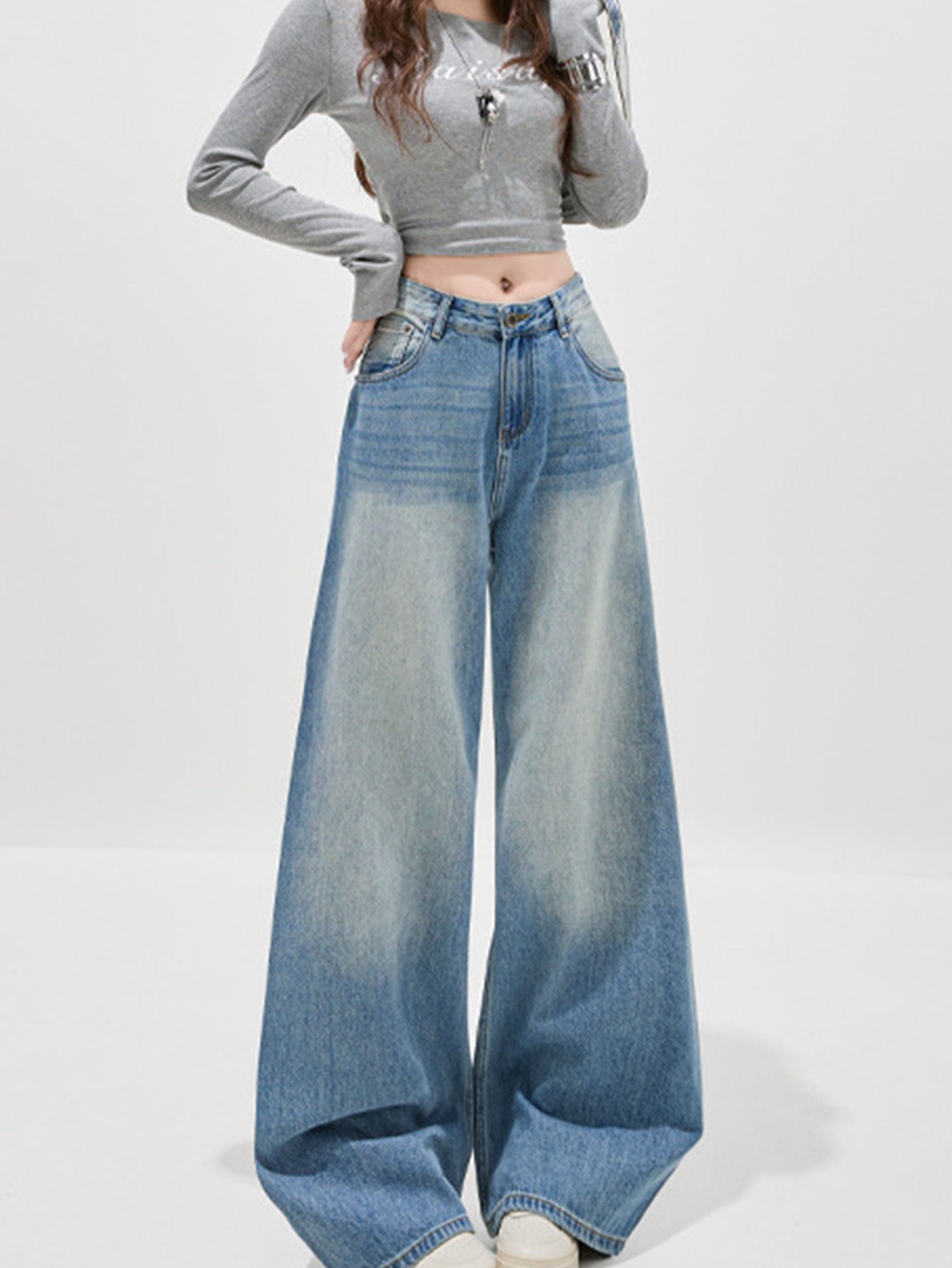American-Style Women's Wide-Leg Floor-Length Jeans - Slimming, Versatile, Light Blue, Casual, Plus Size (All-Season)