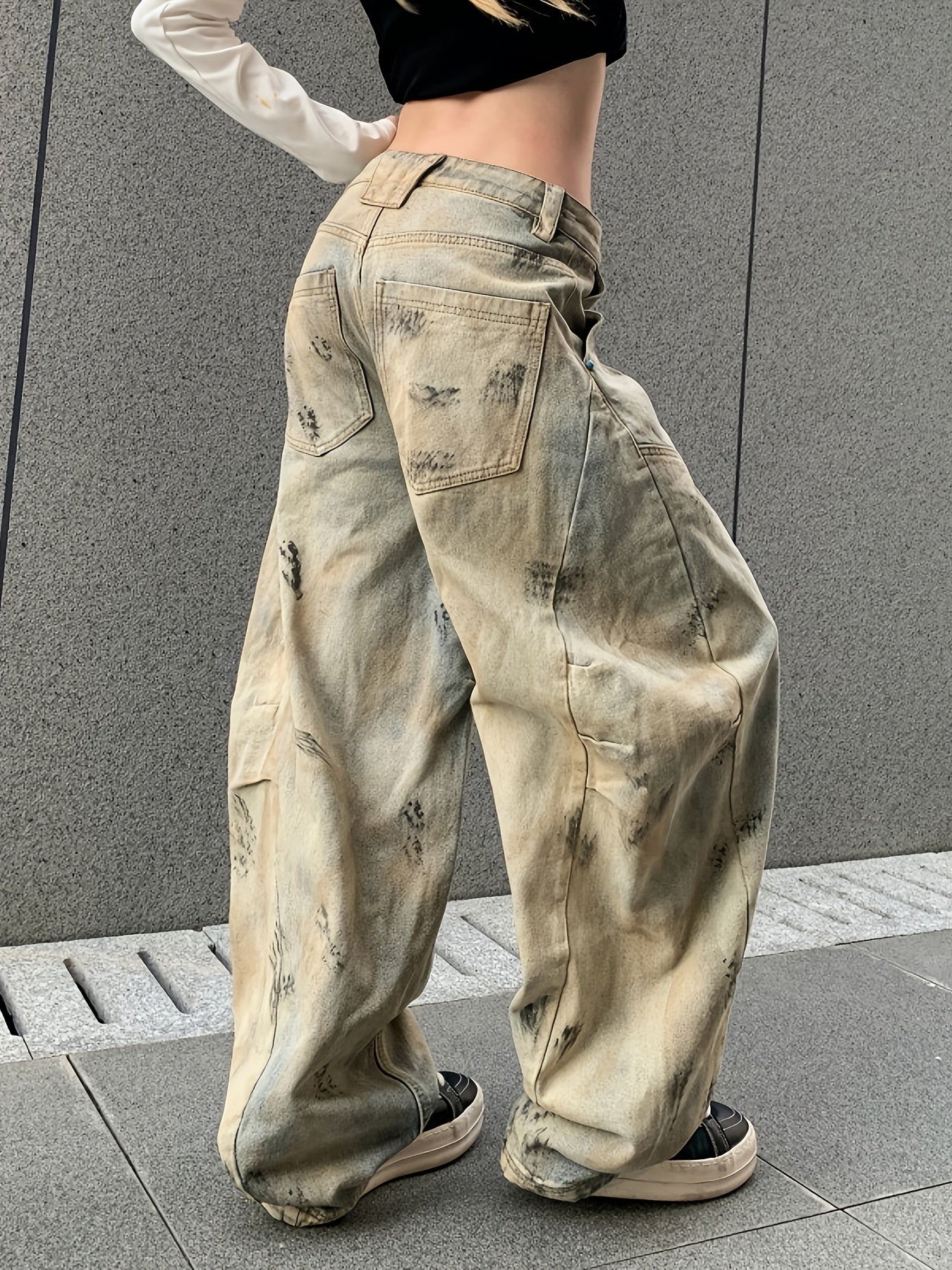 American Streetwear Distressed Denim Pants Dirty Dyed Palm Print Wide Leg Workwear Pants Floor-Length Pants Women'S Leggings