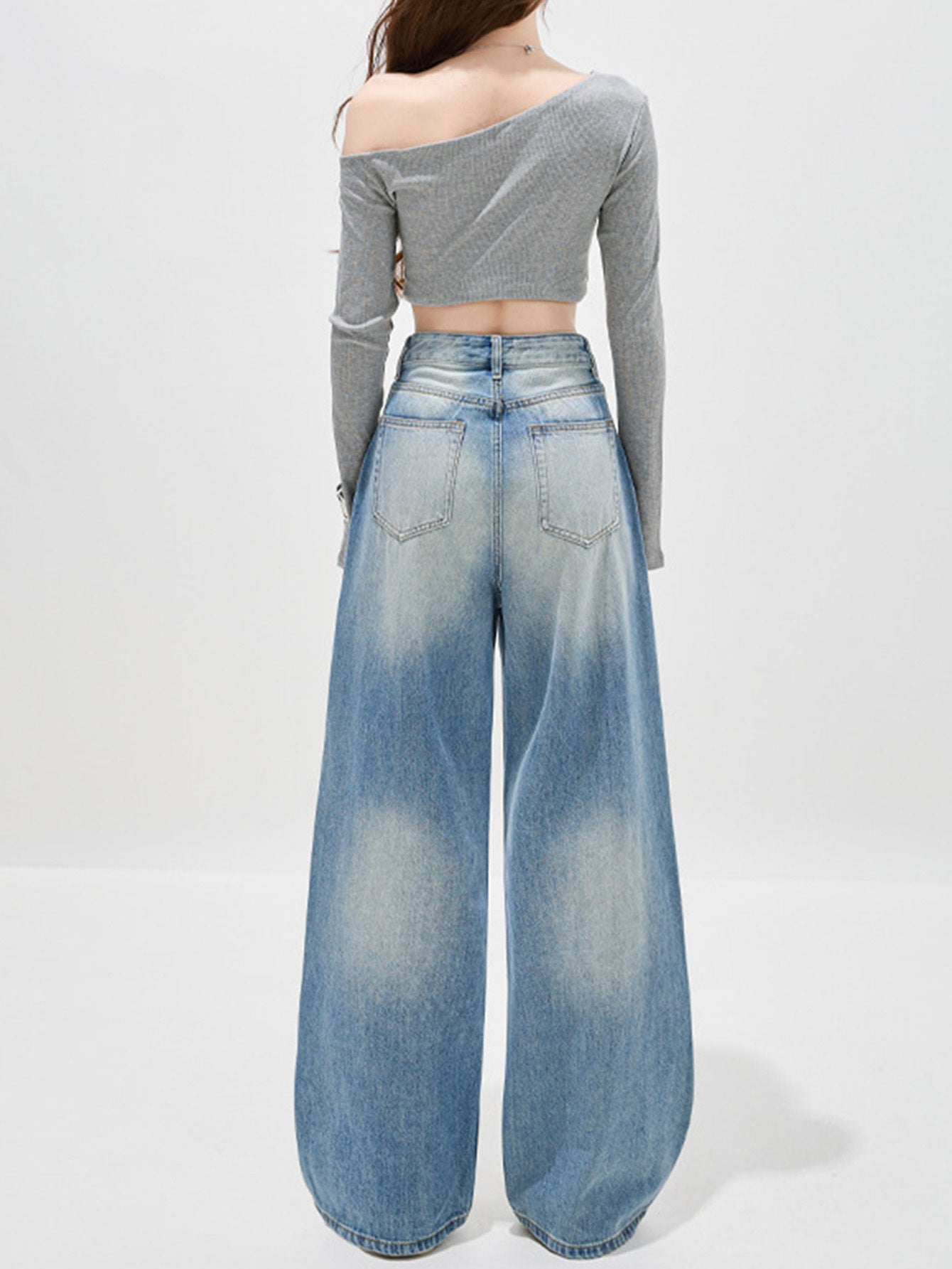 American-Style Women's Wide-Leg Floor-Length Jeans - Slimming, Versatile, Light Blue, Casual, Plus Size (All-Season)