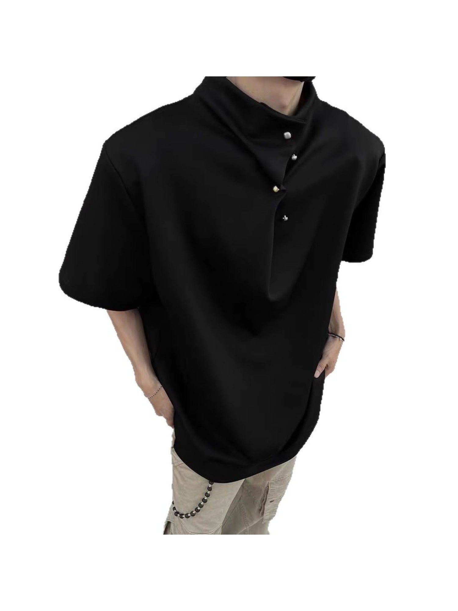 Summer New Men'S Shoulder Padded Short Sleeve Irregular Button Design American Trendy Ruffian Loose Stand Collar Short Sleeve T-Shirt Casual Trendy Retro Wear M-XXL