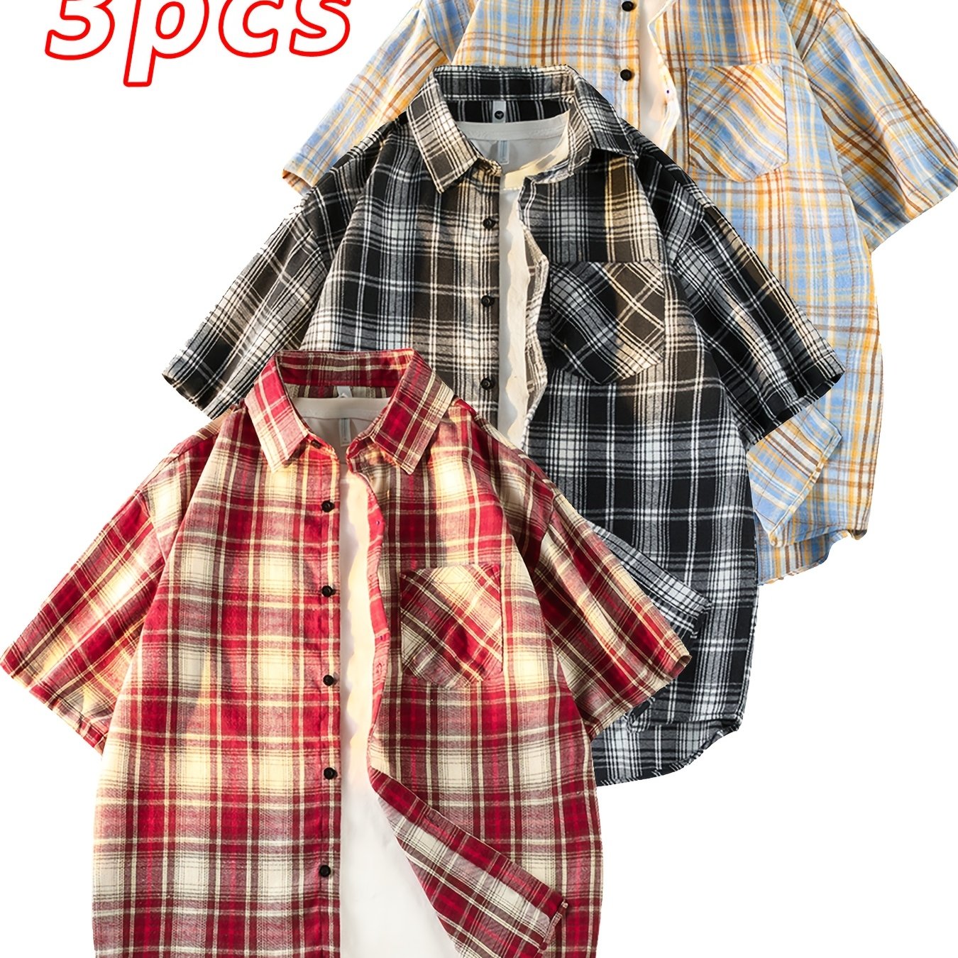 This Unisex Retro Casual Short-Sleeve Shirt Comes in a 3pcs Set And Is Perfect for Both Men And Women. It Showcases a Chic And Straightforward Checkered Design Suitable for Any Season. The Loose And Comfy Fit Caters to Diverse Preferences