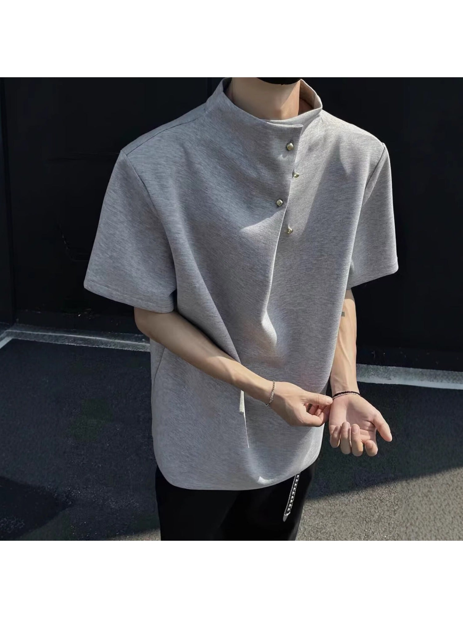 Summer New Men'S Shoulder Padded Short Sleeve Irregular Button Design American Trendy Ruffian Loose Stand Collar Short Sleeve T-Shirt Casual Trendy Retro Wear M-XXL