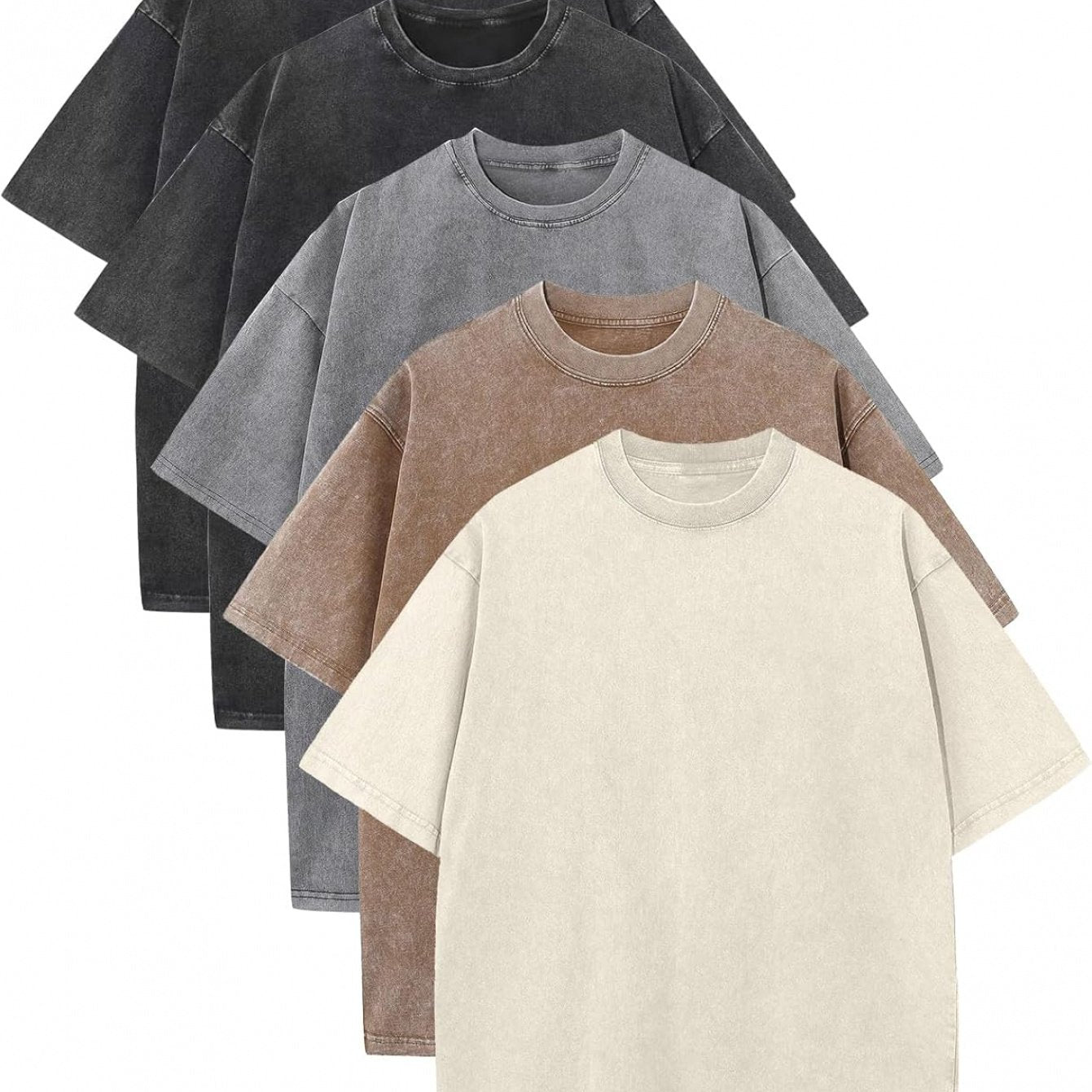 And Armor 5pcs Set of Men's Loose-fit T-shirts, Acid-washed Vintage Heavyweight T-shirts