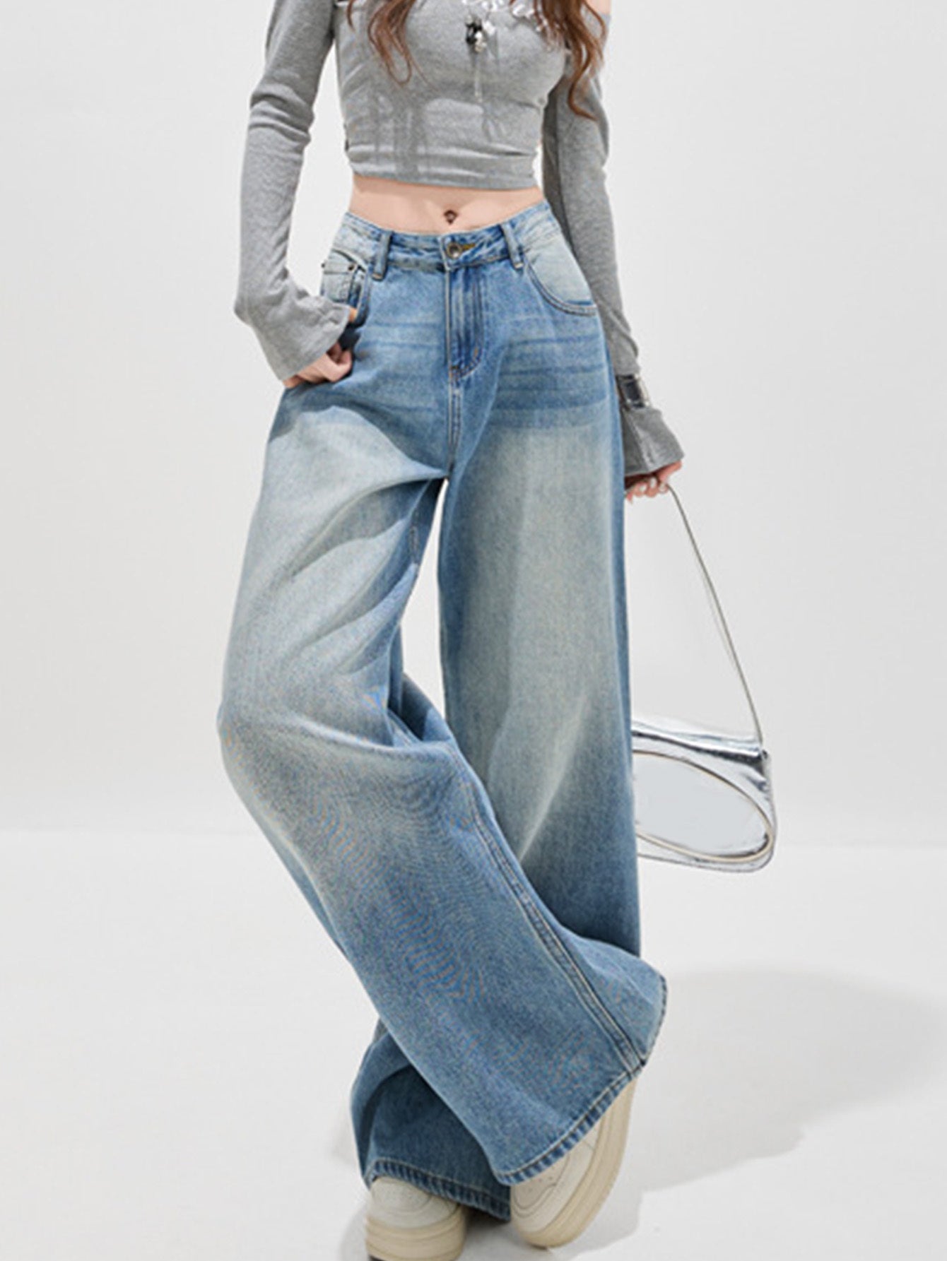American-Style Women's Wide-Leg Floor-Length Jeans - Slimming, Versatile, Light Blue, Casual, Plus Size (All-Season)
