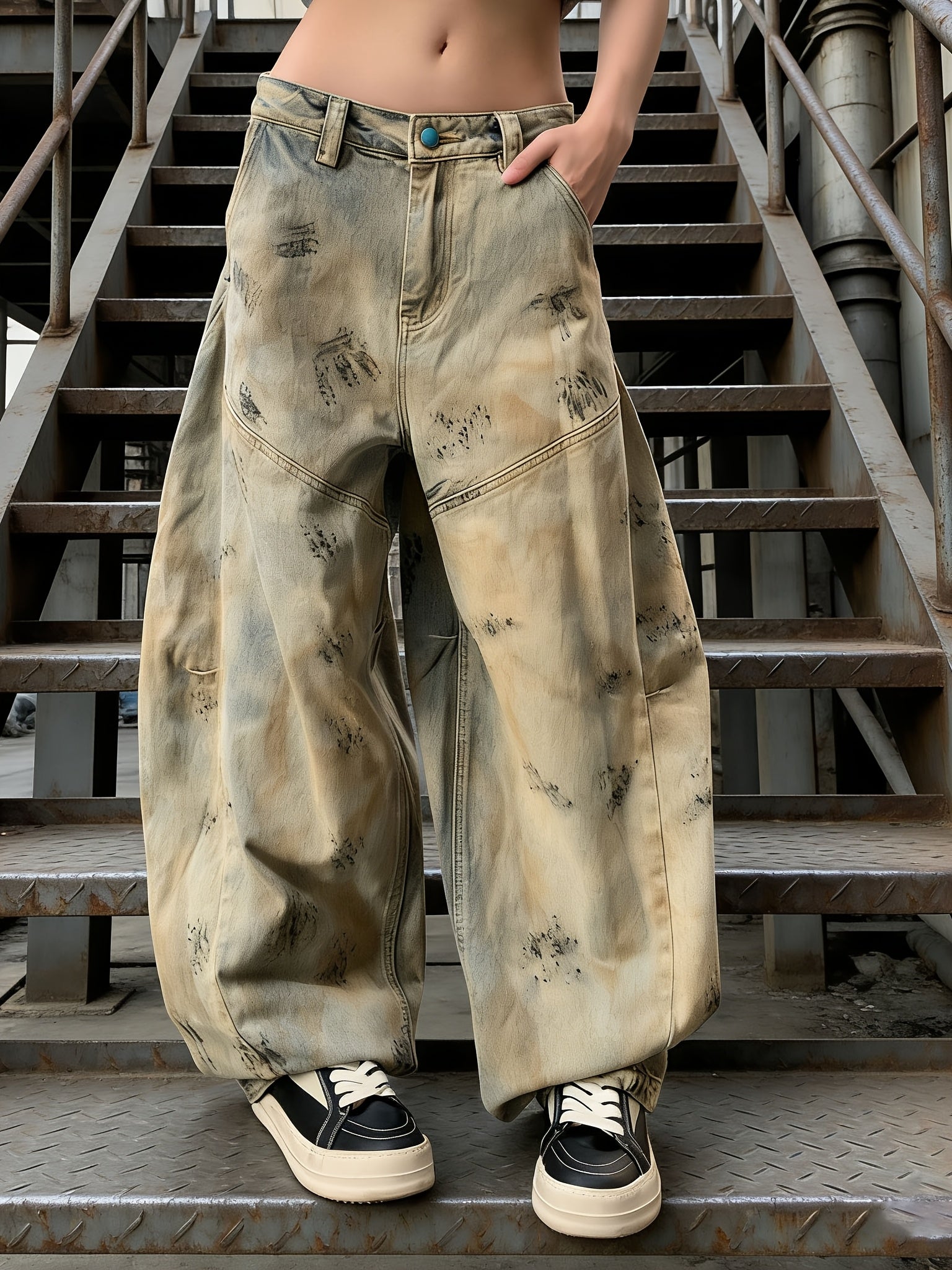 American Streetwear Distressed Denim Pants Dirty Dyed Palm Print Wide Leg Workwear Pants Floor-Length Pants Women'S Leggings