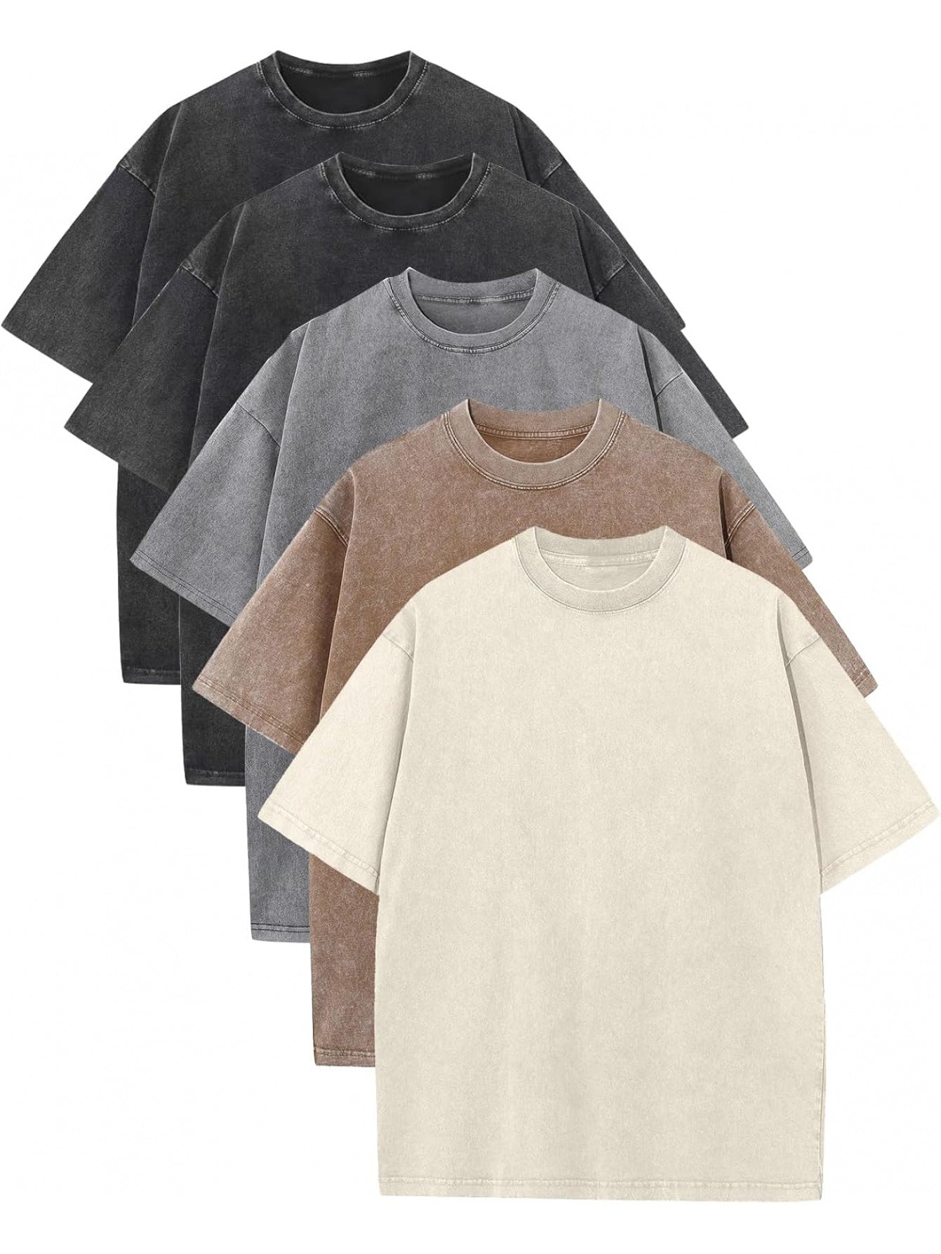 And Armor 5pcs Set of Men's Loose-fit T-shirts, Acid-washed Vintage Heavyweight T-shirts