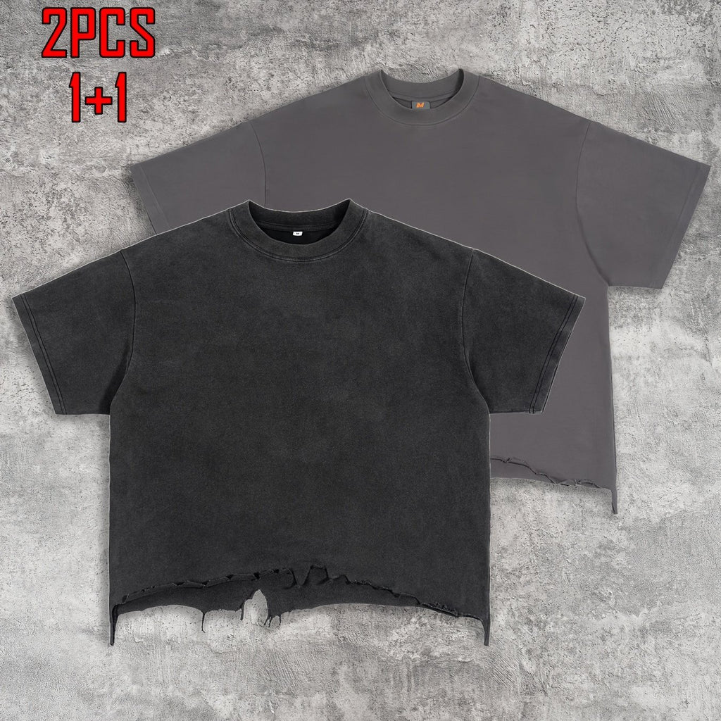 2pcs Men's T-shirt Hand-made Distressed Style 240G Heavyweight 100% Cotton Cropped Boxy Fit Tshirt Vintage Washed Hip-hop Streetwear with Irregular Hem Design Casual Loose Comfortable Short-sleeved Top for Men