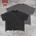 2pcs Men's T-shirt Hand-made Distressed Style 240G Heavyweight 100% Cotton Cropped Boxy Fit Tshirt Vintage Washed Hip-hop Streetwear with Irregular Hem Design Casual Loose Comfortable Short-sleeved Top for Men