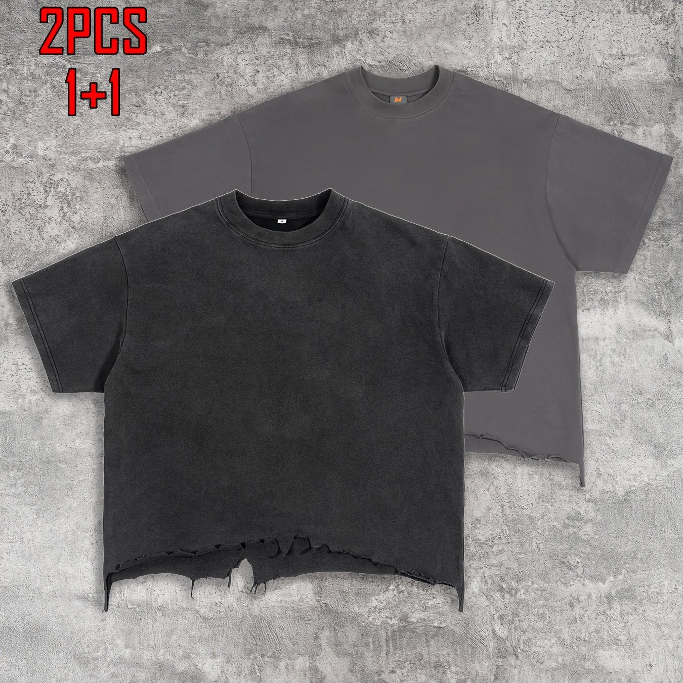 2pcs Men's T-shirt Hand-made Distressed Style 240G Heavyweight 100% Cotton Cropped Boxy Fit Tshirt Vintage Washed Hip-hop Streetwear with Irregular Hem Design Casual Loose Comfortable Short-sleeved Top for Men