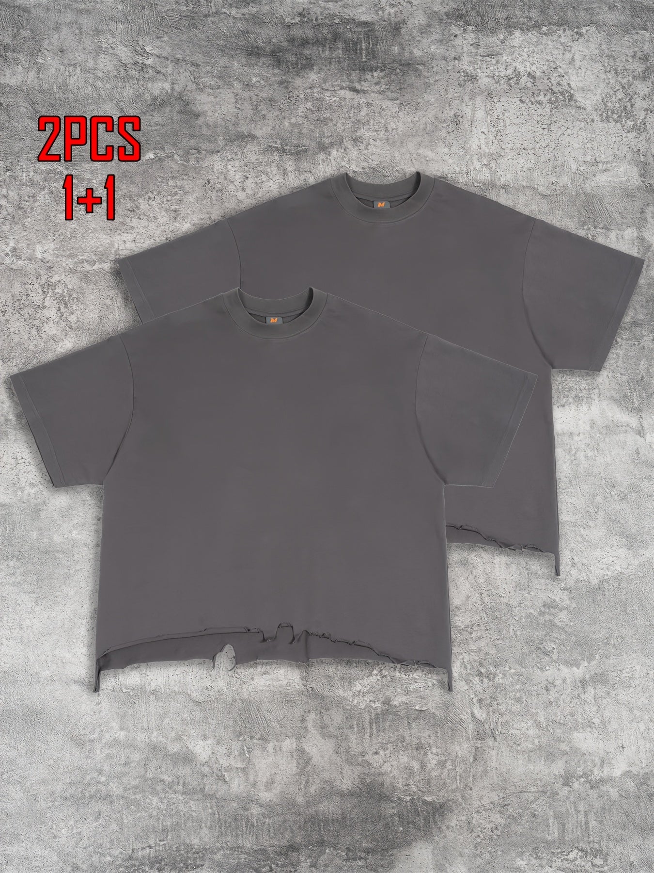 2pcs Men's T-shirt Hand-made Distressed Style 240G Heavyweight 100% Cotton Cropped Boxy Fit Tshirt Vintage Washed Hip-hop Streetwear with Irregular Hem Design Casual Loose Comfortable Short-sleeved Top for Men