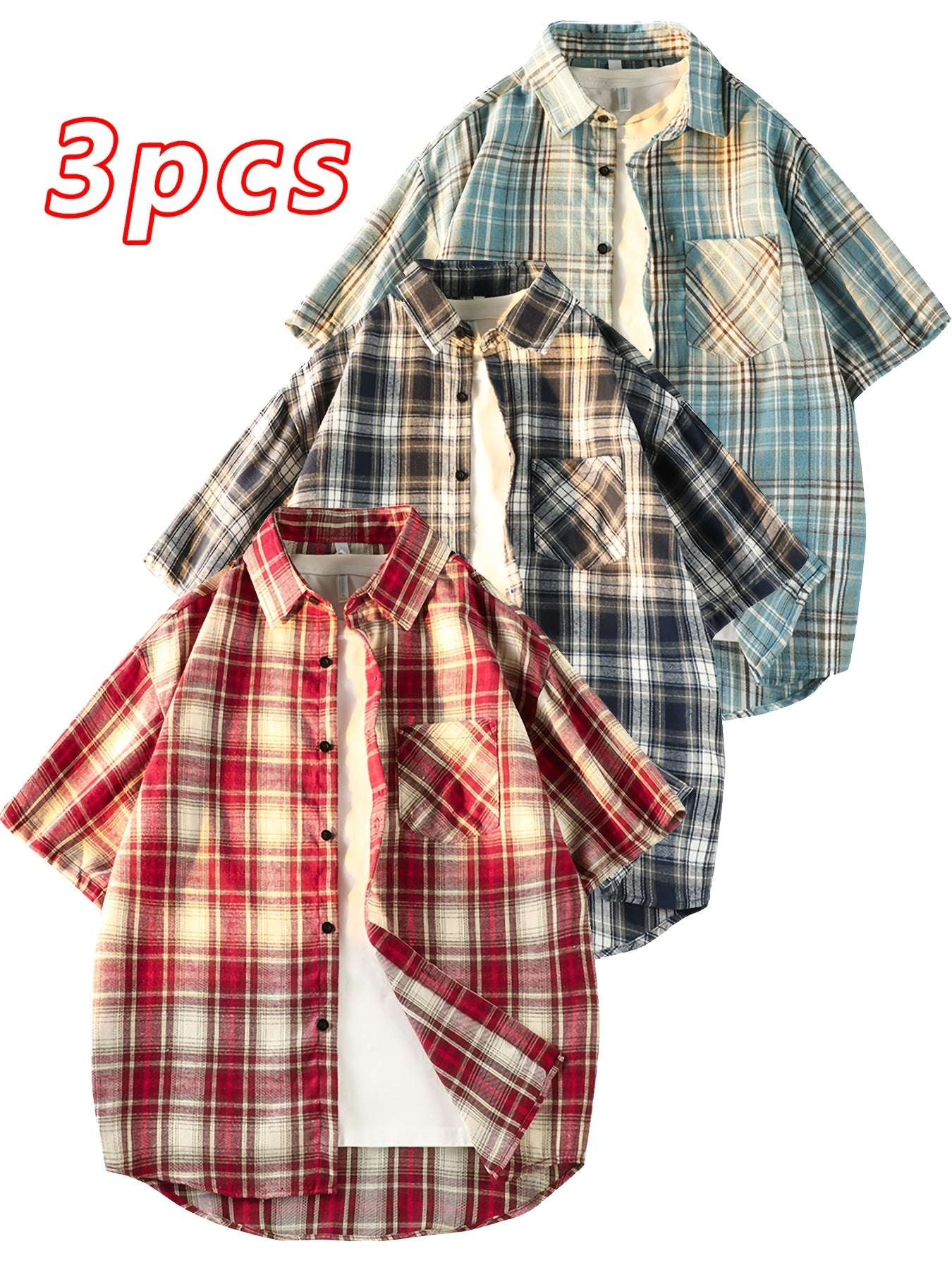 This Unisex Retro Casual Short-Sleeve Shirt Comes in a 3pcs Set And Is Perfect for Both Men And Women. It Showcases a Chic And Straightforward Checkered Design Suitable for Any Season. The Loose And Comfy Fit Caters to Diverse Preferences