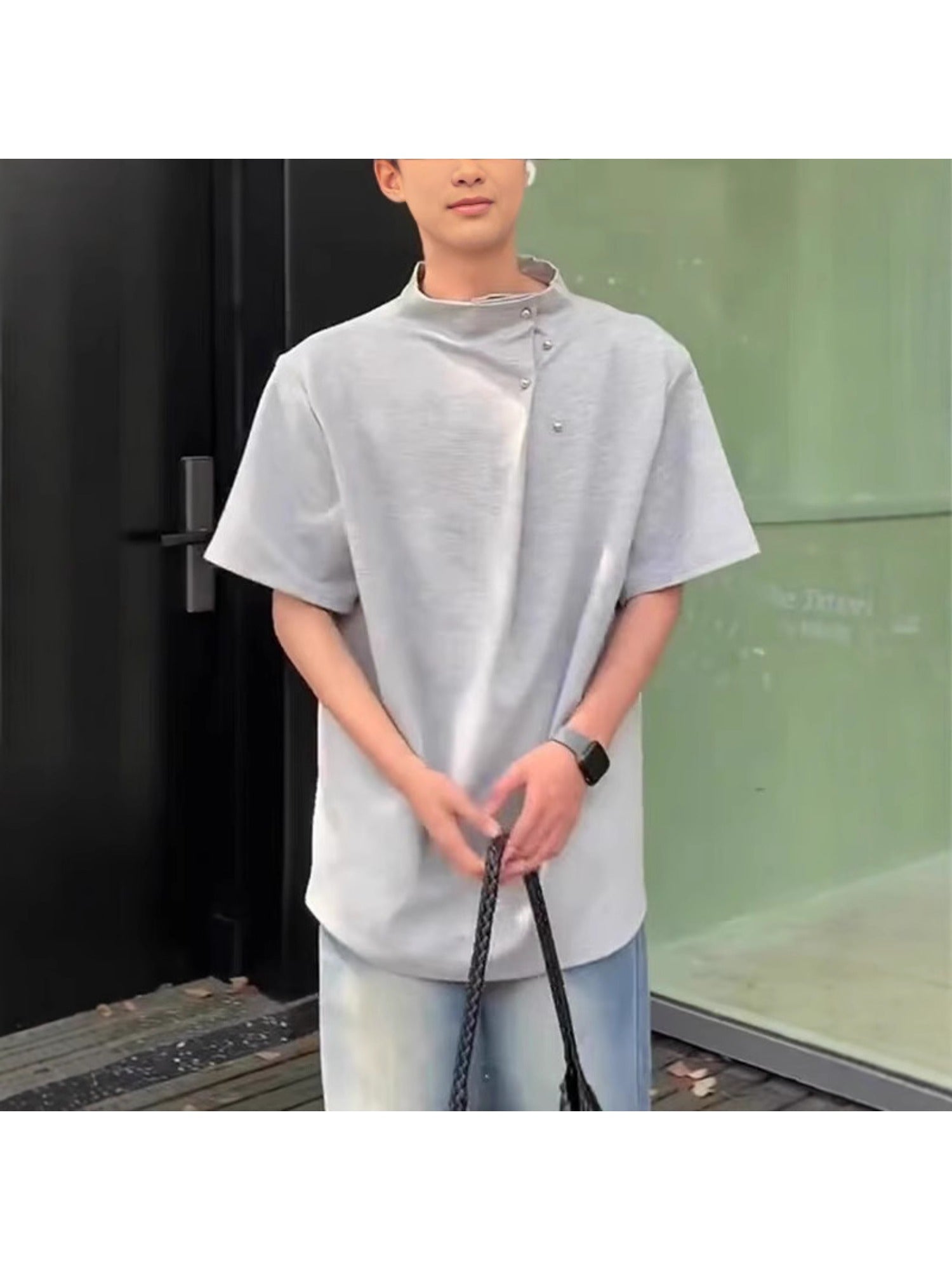 Summer New Men'S Shoulder Padded Short Sleeve Irregular Button Design American Trendy Ruffian Loose Stand Collar Short Sleeve T-Shirt Casual Trendy Retro Wear M-XXL