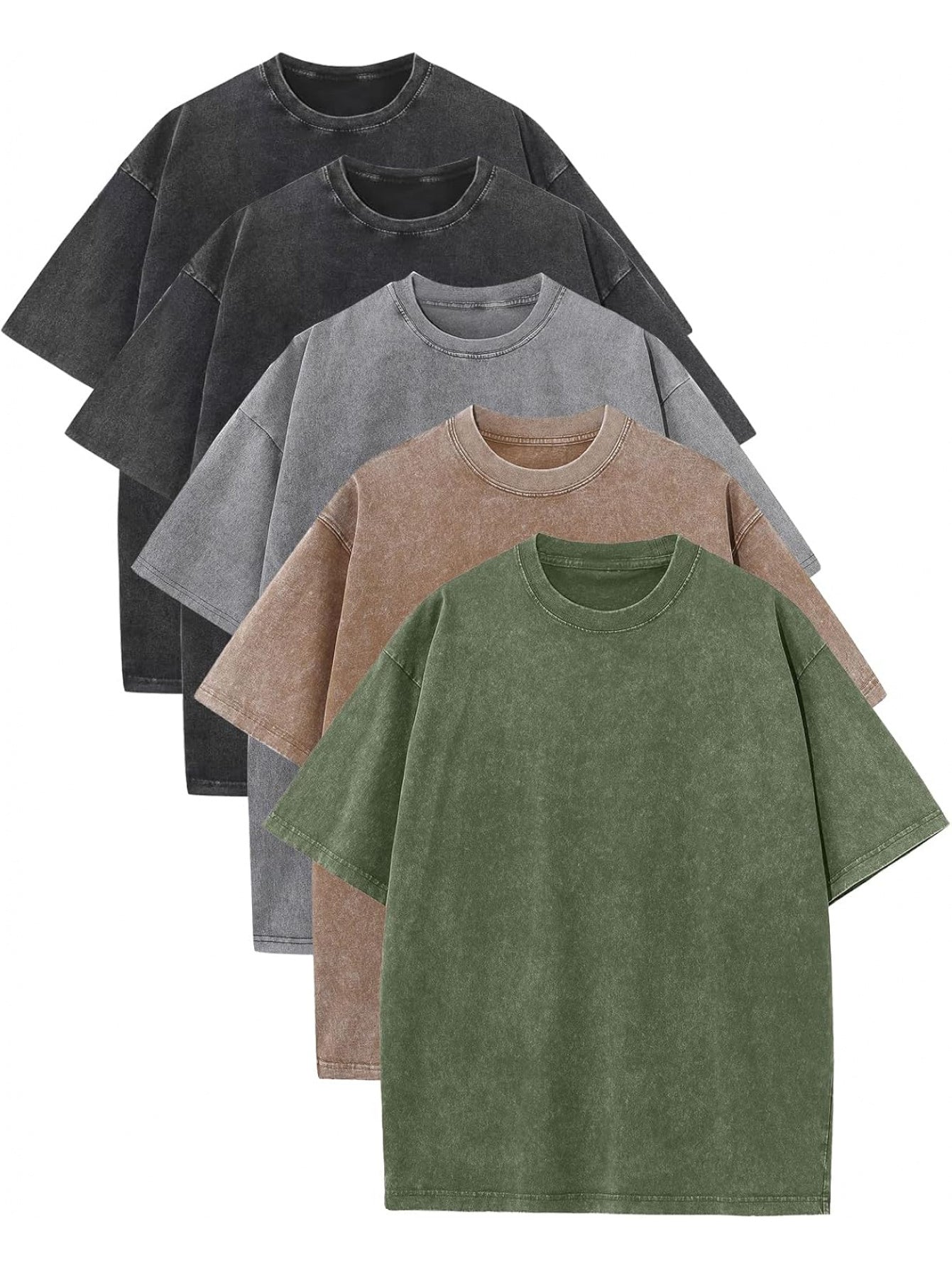And Armor 5pcs Set of Men's Loose-fit T-shirts, Acid-washed Vintage Heavyweight T-shirts