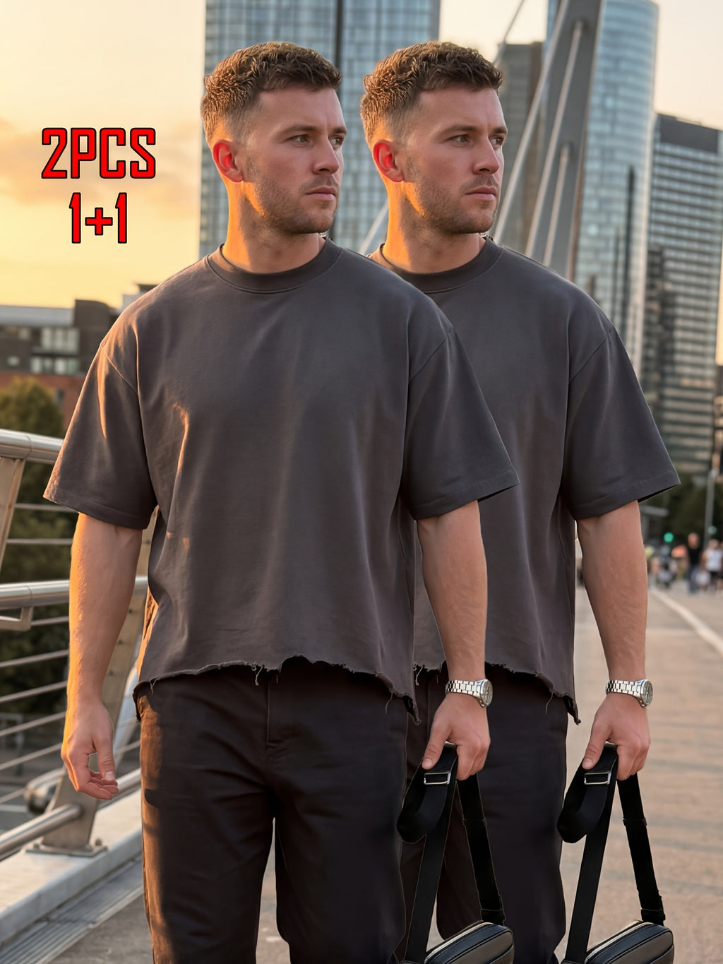 2pcs Men's T-shirt Hand-made Distressed Style 240G Heavyweight 100% Cotton Cropped Boxy Fit Tshirt Vintage Washed Hip-hop Streetwear with Irregular Hem Design Casual Loose Comfortable Short-sleeved Top for Men