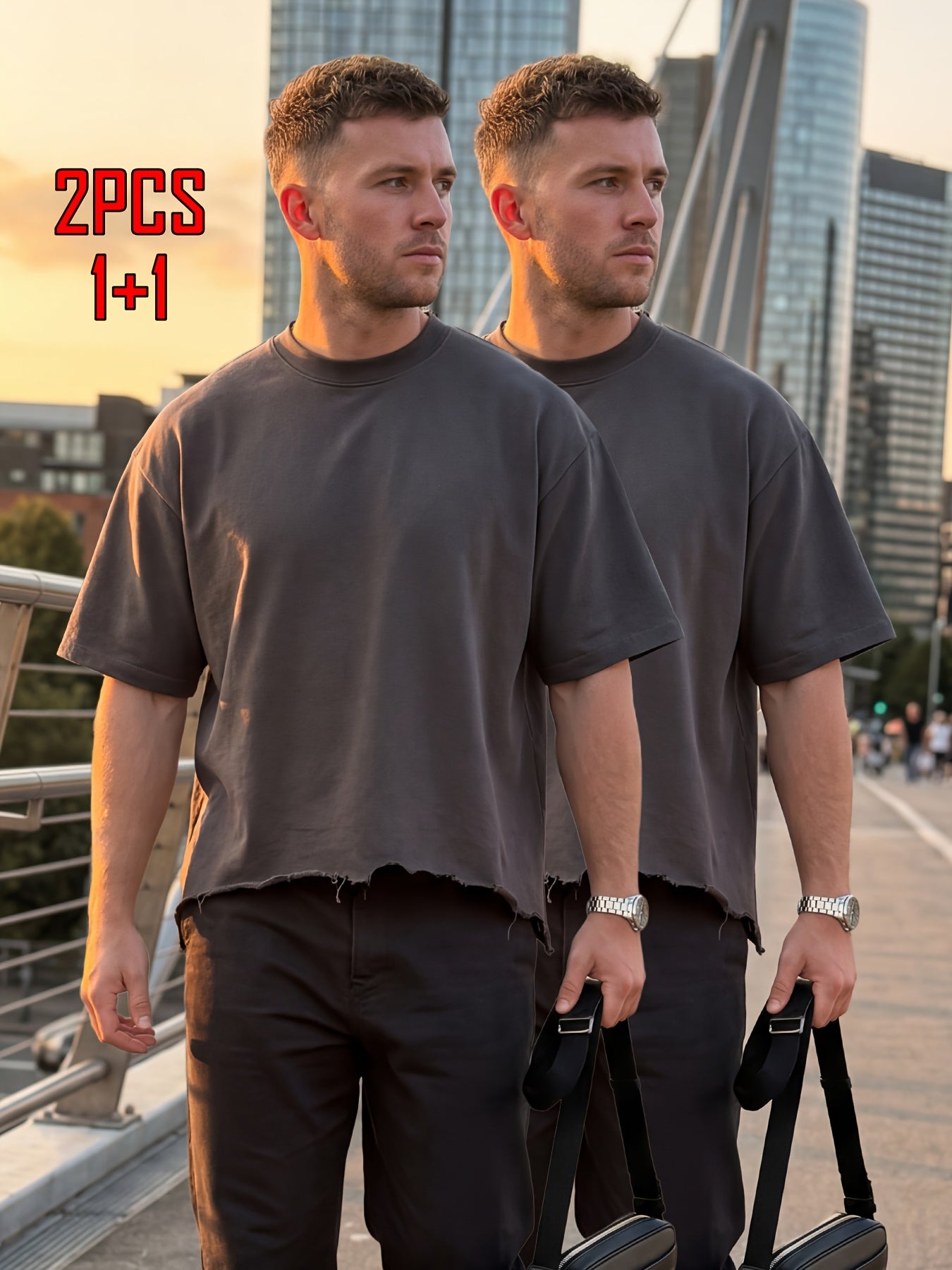 2pcs Men's T-shirt Hand-made Distressed Style 240G Heavyweight 100% Cotton Cropped Boxy Fit Tshirt Vintage Washed Hip-hop Streetwear with Irregular Hem Design Casual Loose Comfortable Short-sleeved Top for Men