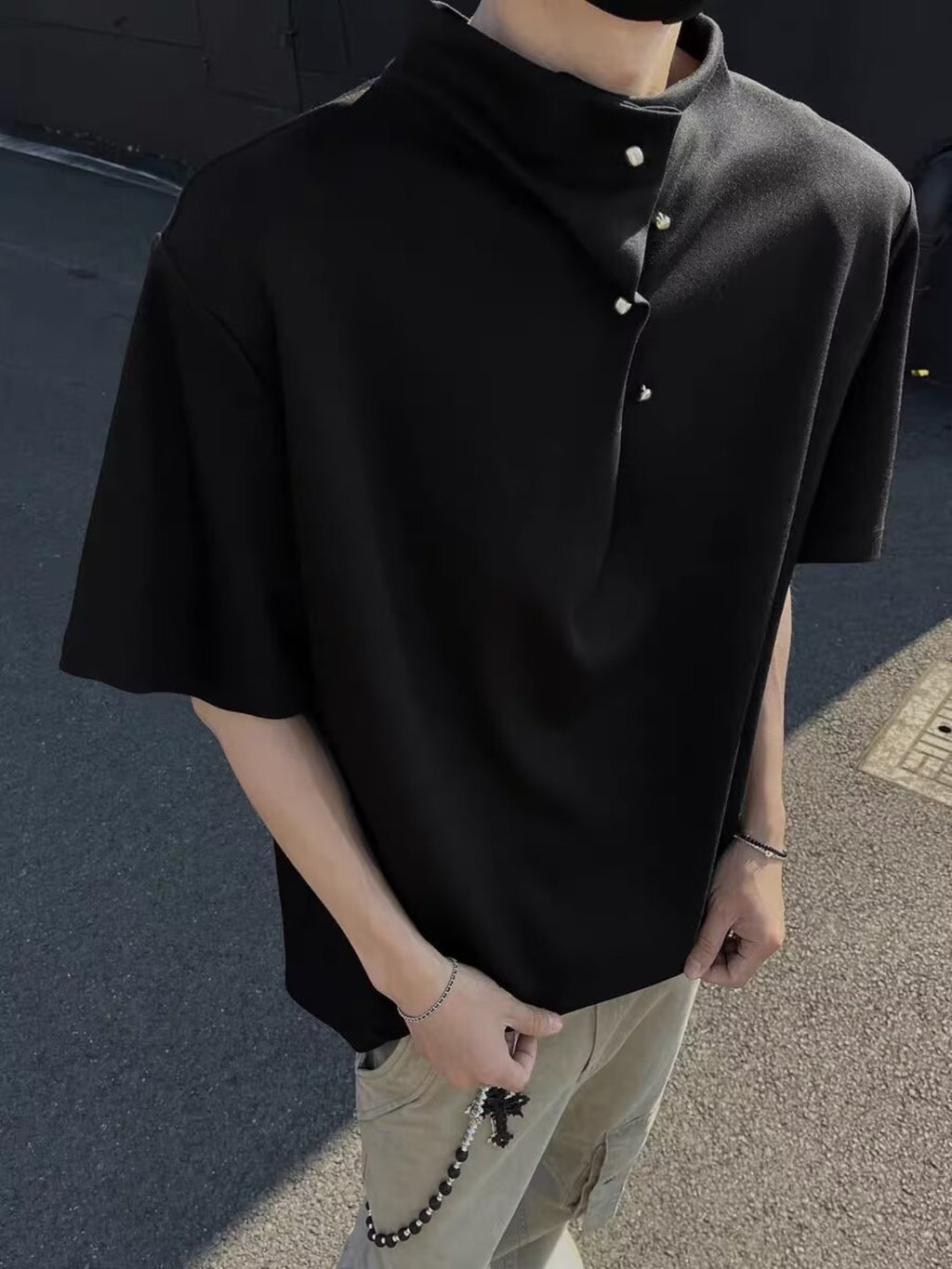Summer New Men'S Shoulder Padded Short Sleeve Irregular Button Design American Trendy Ruffian Loose Stand Collar Short Sleeve T-Shirt Casual Trendy Retro Wear M-XXL