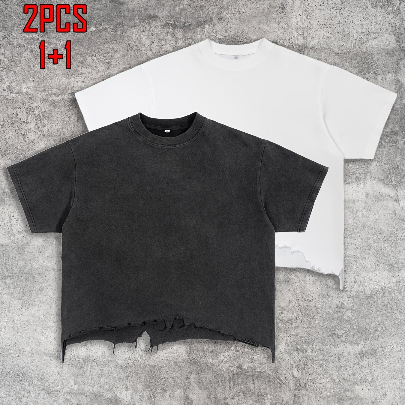 2pcs Men's T-shirt Hand-made Distressed Style 240G Heavyweight 100% Cotton Cropped Boxy Fit Tshirt Vintage Washed Hip-hop Streetwear with Irregular Hem Design Casual Loose Comfortable Short-sleeved Top for Men