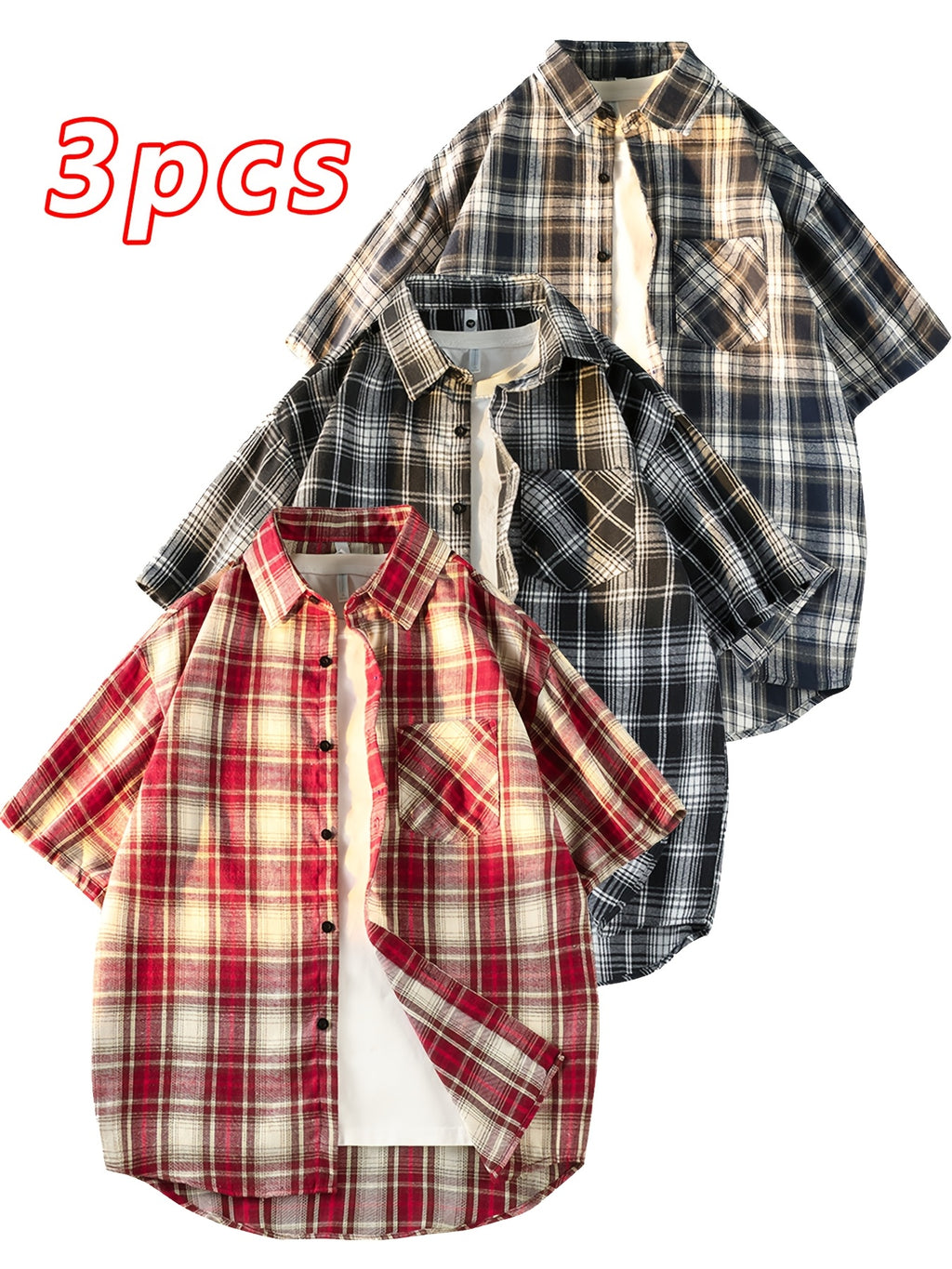 This Unisex Retro Casual Short-Sleeve Shirt Comes in a 3pcs Set And Is Perfect for Both Men And Women. It Showcases a Chic And Straightforward Checkered Design Suitable for Any Season. The Loose And Comfy Fit Caters to Diverse Preferences
