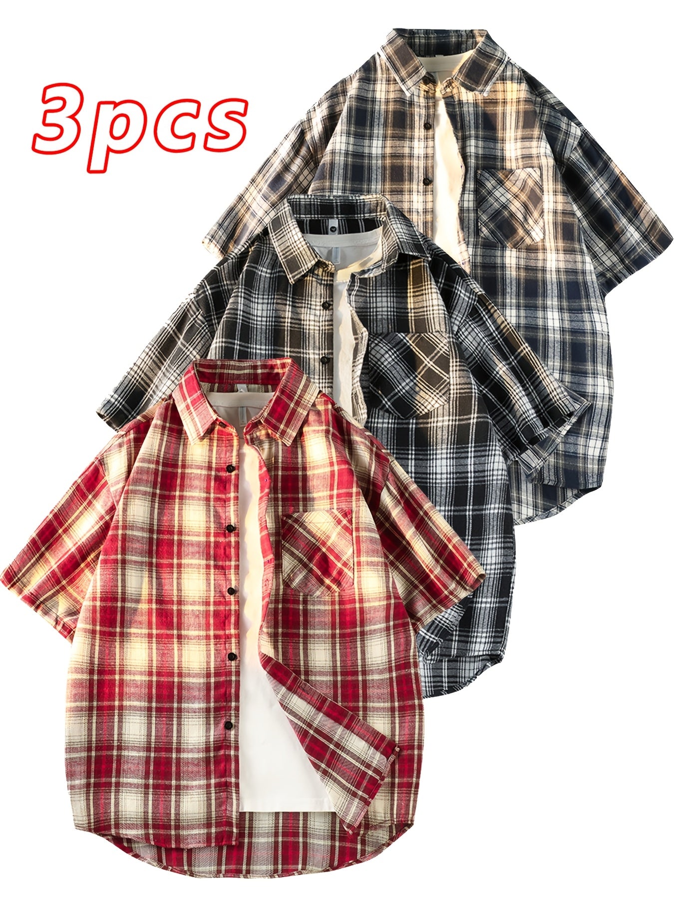 This Unisex Retro Casual Short-Sleeve Shirt Comes in a 3pcs Set And Is Perfect for Both Men And Women. It Showcases a Chic And Straightforward Checkered Design Suitable for Any Season. The Loose And Comfy Fit Caters to Diverse Preferences