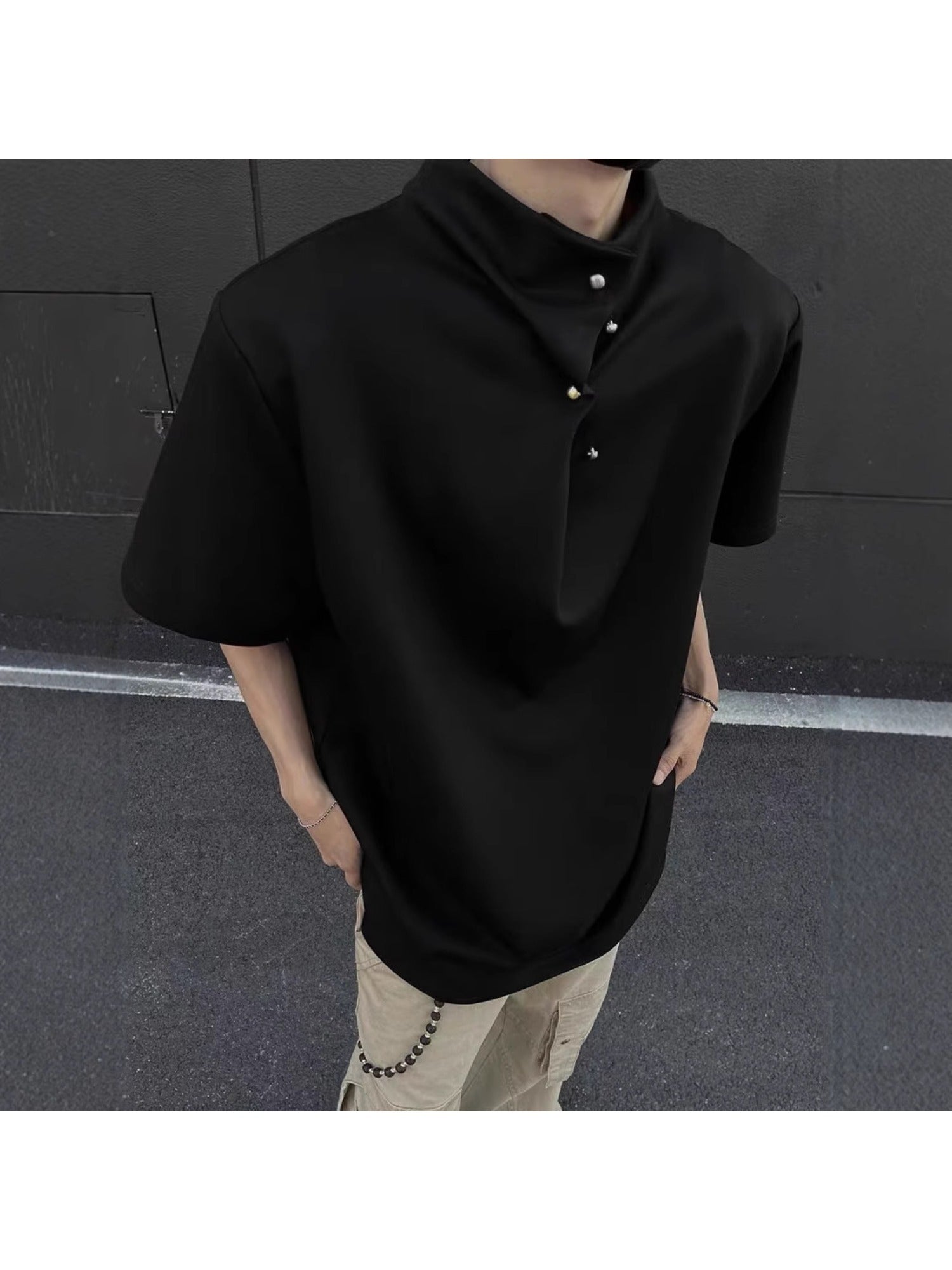 Summer New Men'S Shoulder Padded Short Sleeve Irregular Button Design American Trendy Ruffian Loose Stand Collar Short Sleeve T-Shirt Casual Trendy Retro Wear M-XXL