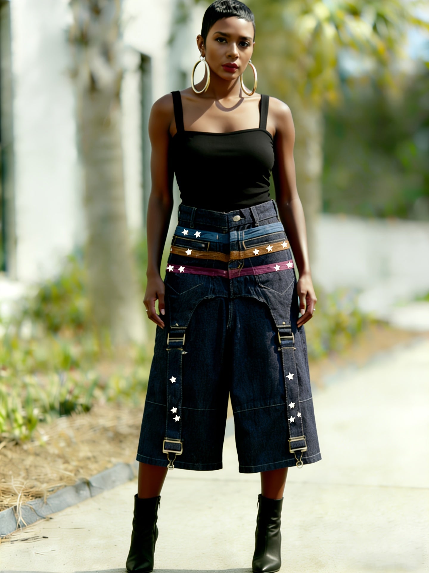 Women's New Waist Top Star Studded Jeans with Wide Legs And Loose Cropped Pants, Designed with A Sense Of Stars And Spicy Patchwork, Wide Leg Mid Length Pants