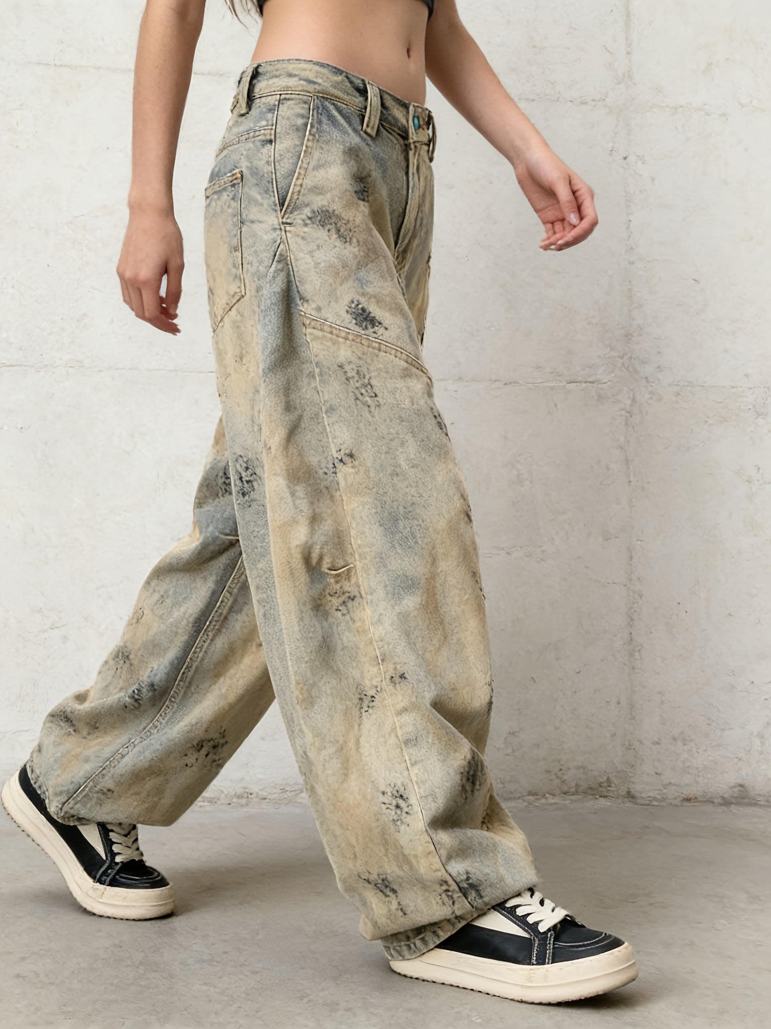 American Streetwear Distressed Denim Pants Dirty Dyed Palm Print Wide Leg Workwear Pants Floor-Length Pants Women'S Leggings