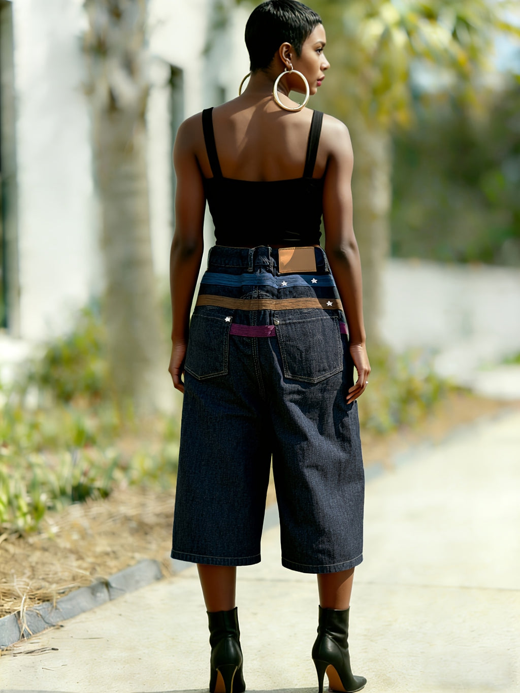 Women's New Waist Top Star Studded Jeans with Wide Legs And Loose Cropped Pants, Designed with A Sense Of Stars And Spicy Patchwork, Wide Leg Mid Length Pants