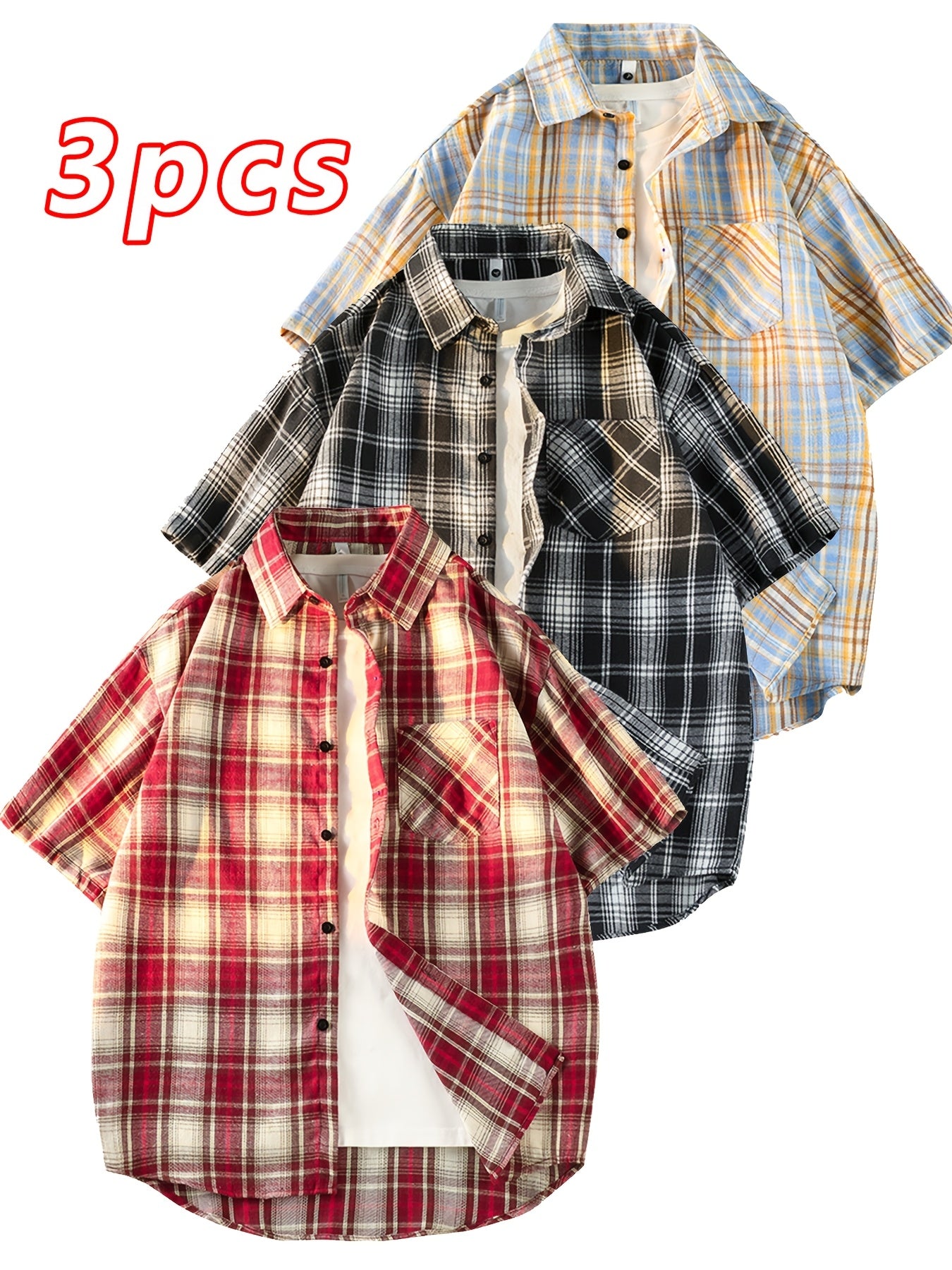 This Unisex Retro Casual Short-Sleeve Shirt Comes in a 3pcs Set And Is Perfect for Both Men And Women. It Showcases a Chic And Straightforward Checkered Design Suitable for Any Season. The Loose And Comfy Fit Caters to Diverse Preferences