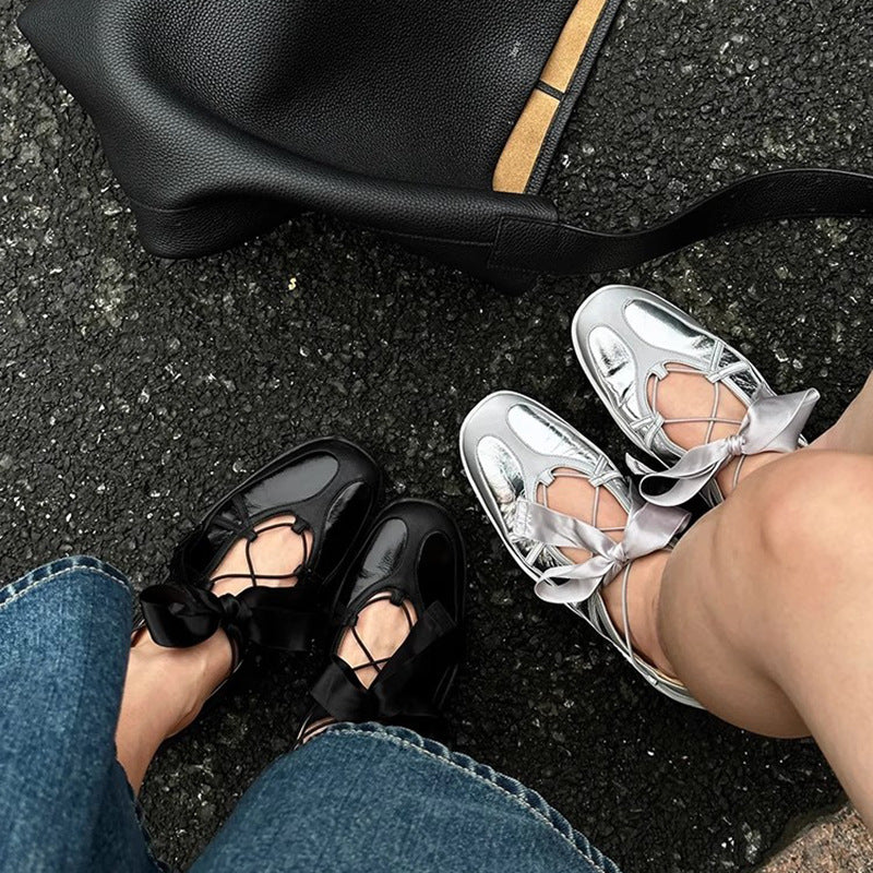 Ballet-style Soft Square-toe Mary Jane Shoes for Women, with Built-in Height Increase, Sweet Bow Ribbon, Casual Functional German Training Shoes, Women Shoes, Sneakers