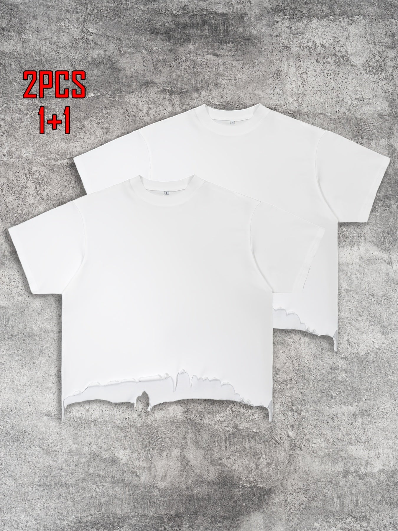 2pcs Men's T-shirt Hand-made Distressed Style 240G Heavyweight 100% Cotton Cropped Boxy Fit Tshirt Vintage Washed Hip-hop Streetwear with Irregular Hem Design Casual Loose Comfortable Short-sleeved Top for Men