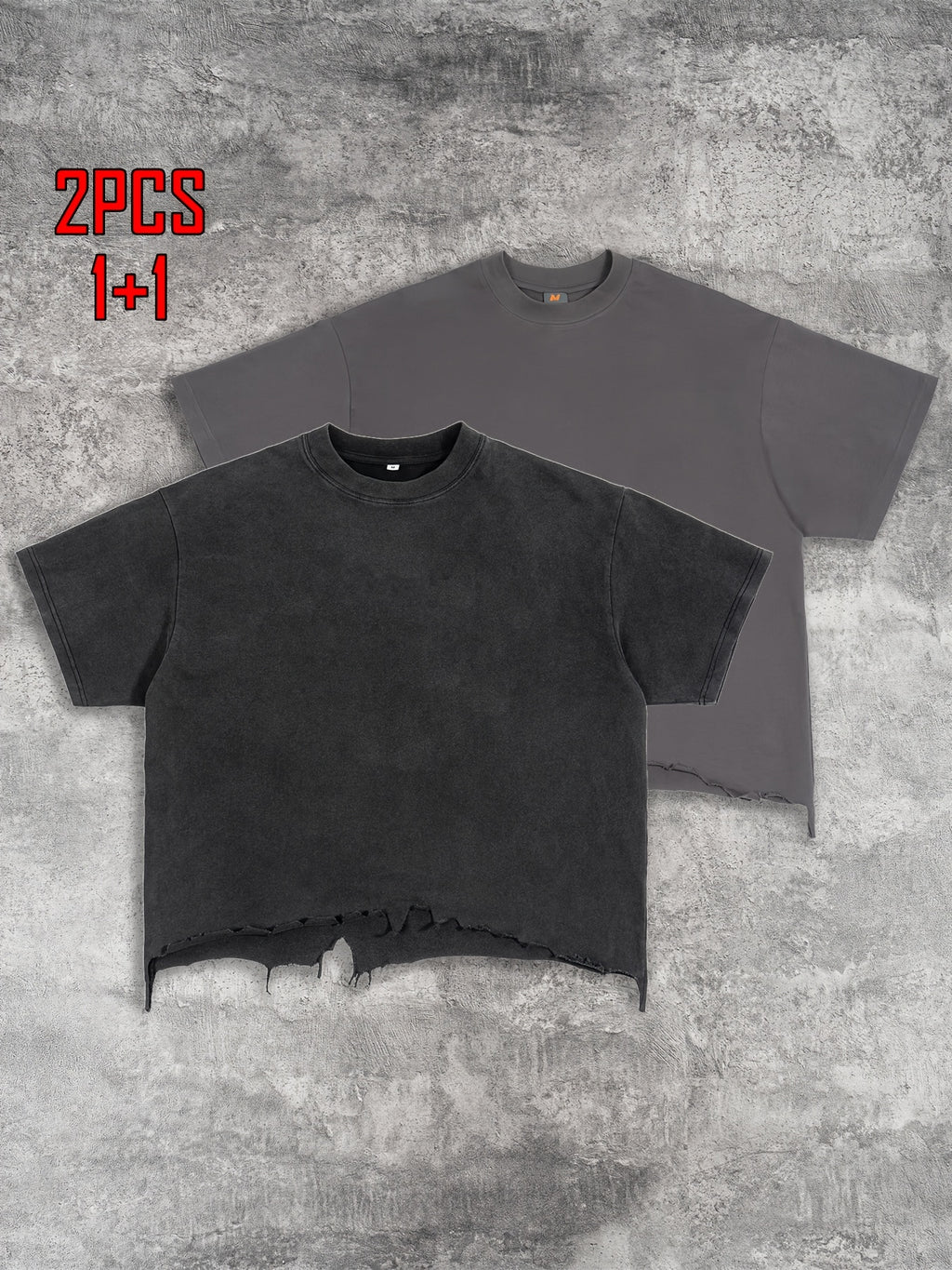 2pcs Men's T-shirt Hand-made Distressed Style 240G Heavyweight 100% Cotton Cropped Boxy Fit Tshirt Vintage Washed Hip-hop Streetwear with Irregular Hem Design Casual Loose Comfortable Short-sleeved Top for Men