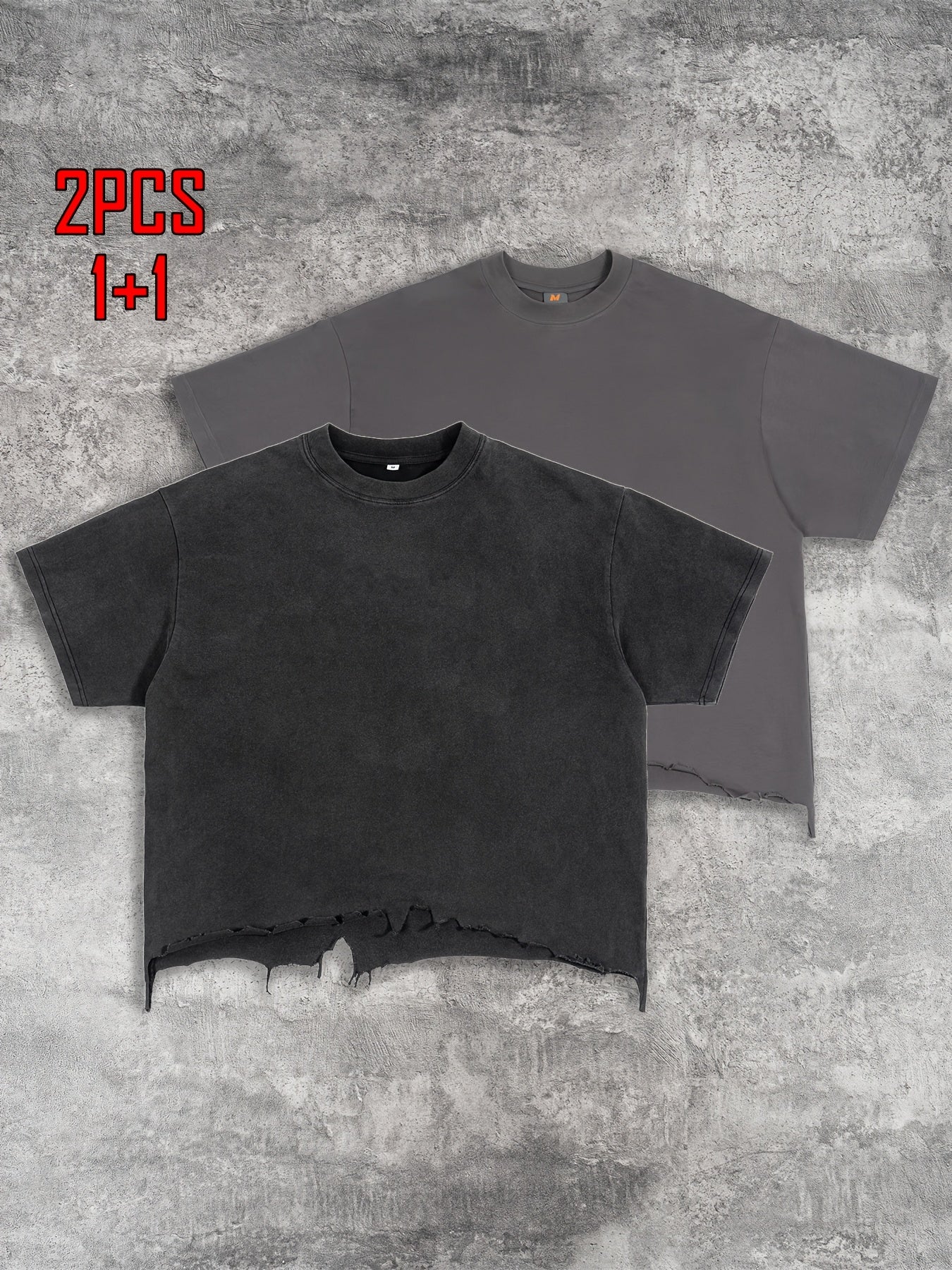 2pcs Men's T-shirt Hand-made Distressed Style 240G Heavyweight 100% Cotton Cropped Boxy Fit Tshirt Vintage Washed Hip-hop Streetwear with Irregular Hem Design Casual Loose Comfortable Short-sleeved Top for Men