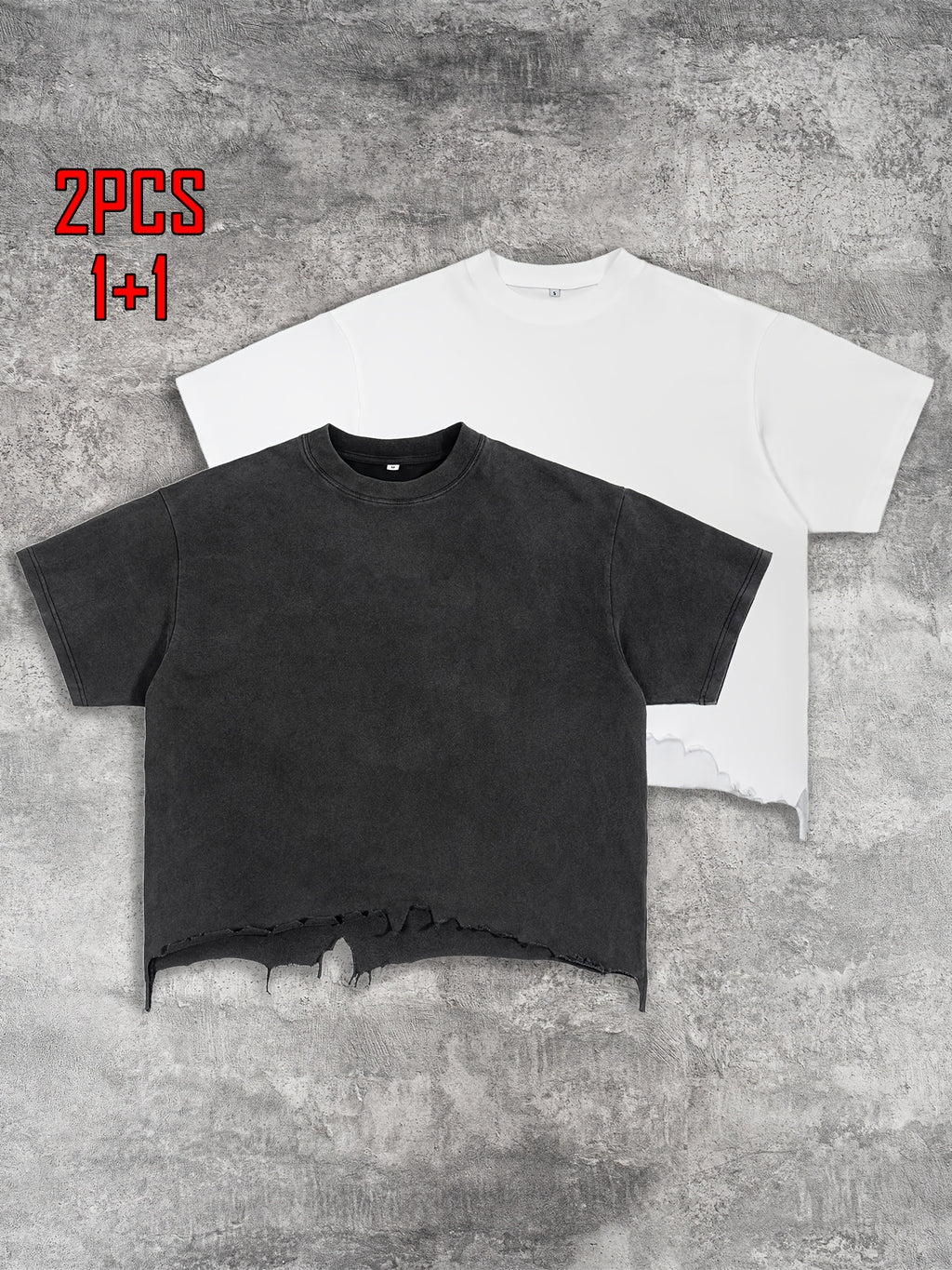 2pcs Men's T-shirt Hand-made Distressed Style 240G Heavyweight 100% Cotton Cropped Boxy Fit Tshirt Vintage Washed Hip-hop Streetwear with Irregular Hem Design Casual Loose Comfortable Short-sleeved Top for Men