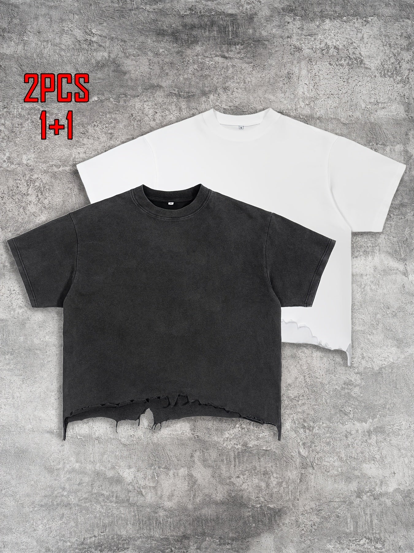2pcs Men's T-shirt Hand-made Distressed Style 240G Heavyweight 100% Cotton Cropped Boxy Fit Tshirt Vintage Washed Hip-hop Streetwear with Irregular Hem Design Casual Loose Comfortable Short-sleeved Top for Men