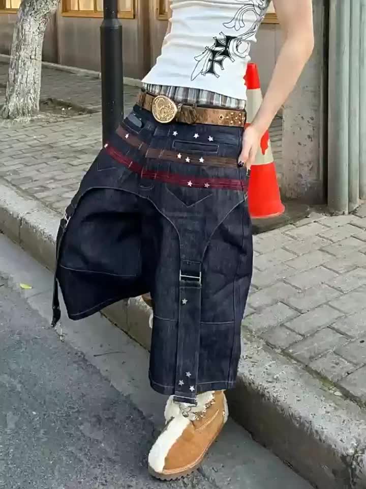 Women's New Waist Top Star Studded Jeans with Wide Legs And Loose Cropped Pants, Designed with A Sense Of Stars And Spicy Patchwork, Wide Leg Mid Length Pants