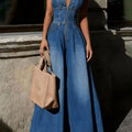 Women'S Blue Denim Wide-Leg Jumpsuit - Sleeveless Mandarin Collar Front Zip Floor-Length Flared Leg Pleated Waist Detail | Bold Dramatic Fit for Urban Street Outings Effortlessly Stylish Looks